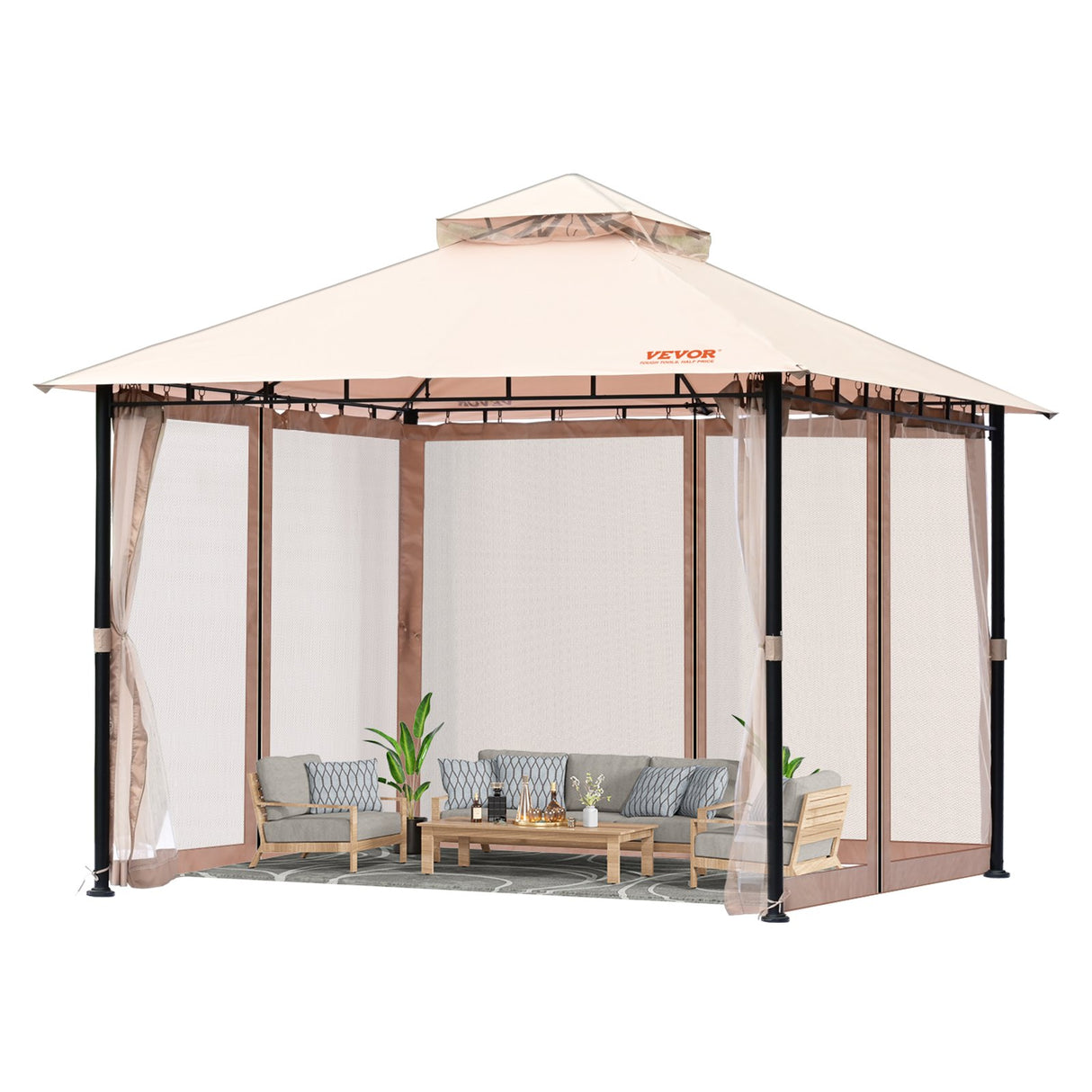 VEVOR Patio Gazebo for 6-8 Person, 3.05 x 3.05 m Backyard Gazebo, with Mosquito Netting, Metal Frame, and PU Coated 180G Polyester, Outdoor Canopy