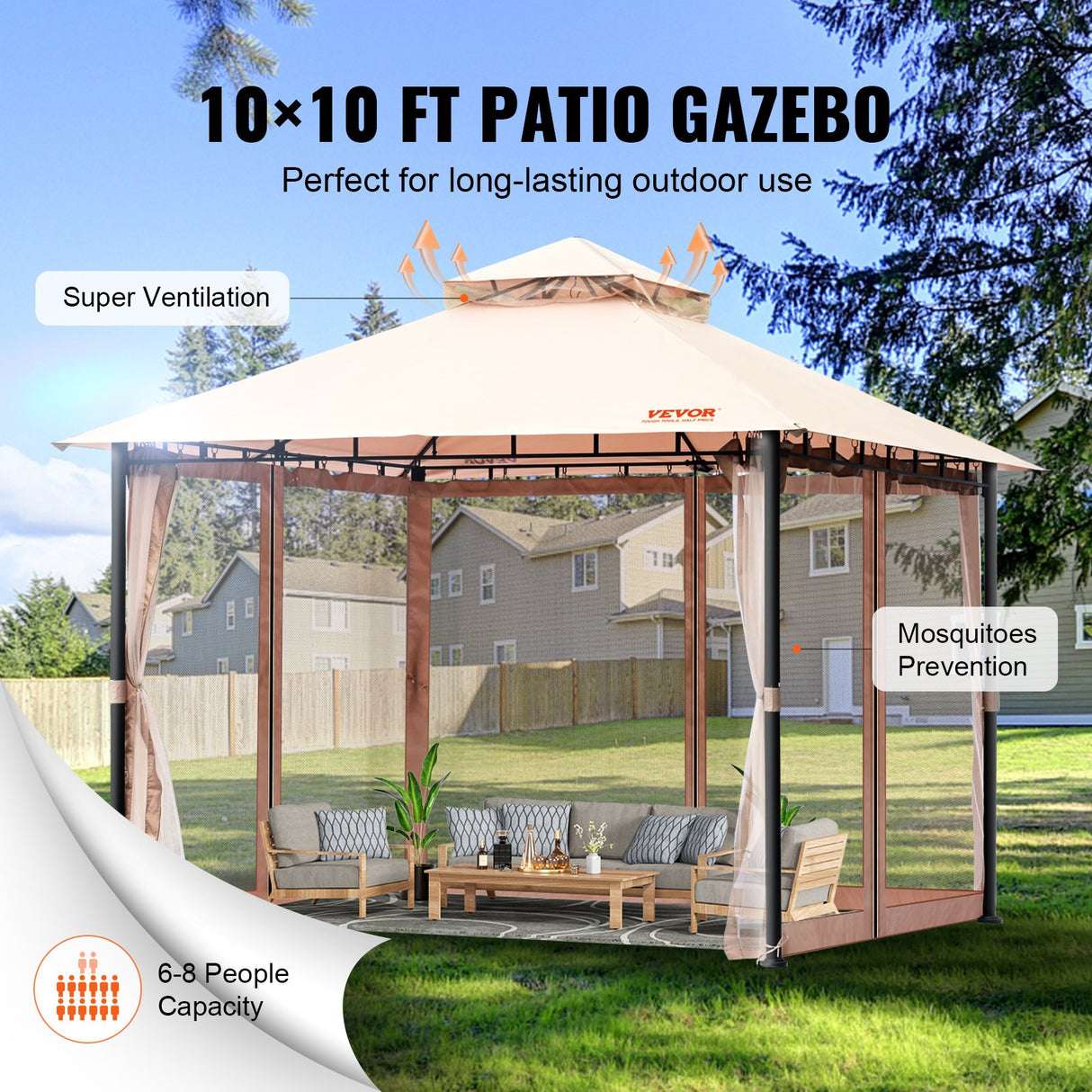 VEVOR Patio Gazebo for 6-8 Person, 3.05 x 3.05 m Backyard Gazebo, with Mosquito Netting, Metal Frame, and PU Coated 180G Polyester, Outdoor Canopy