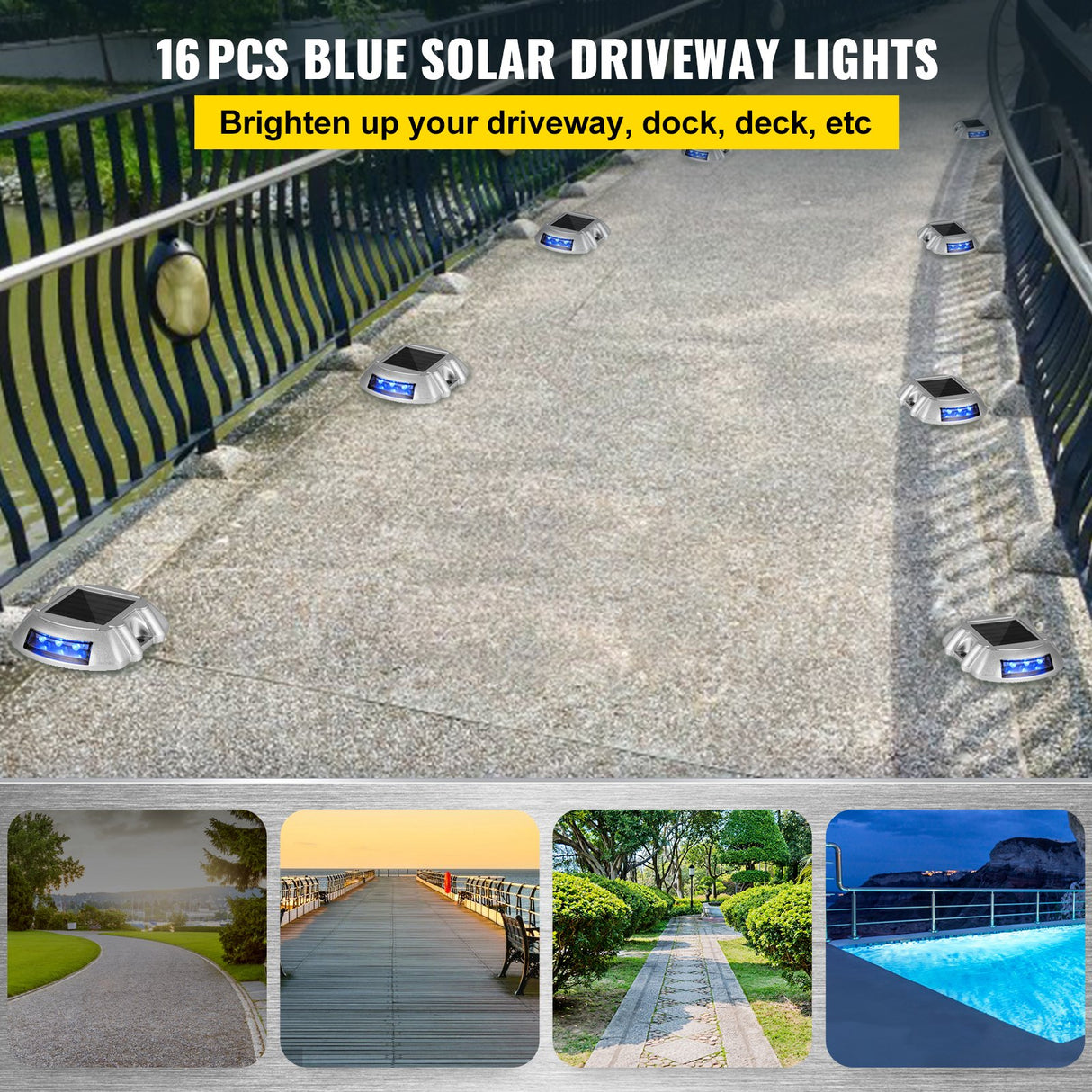 VEVOR Driveway Lights 16-Pack, Solar Driveway Lights with Switch Button, Solar Deck Lights Waterproof, Wireless Dock Lights 6 LEDs for Path Warning