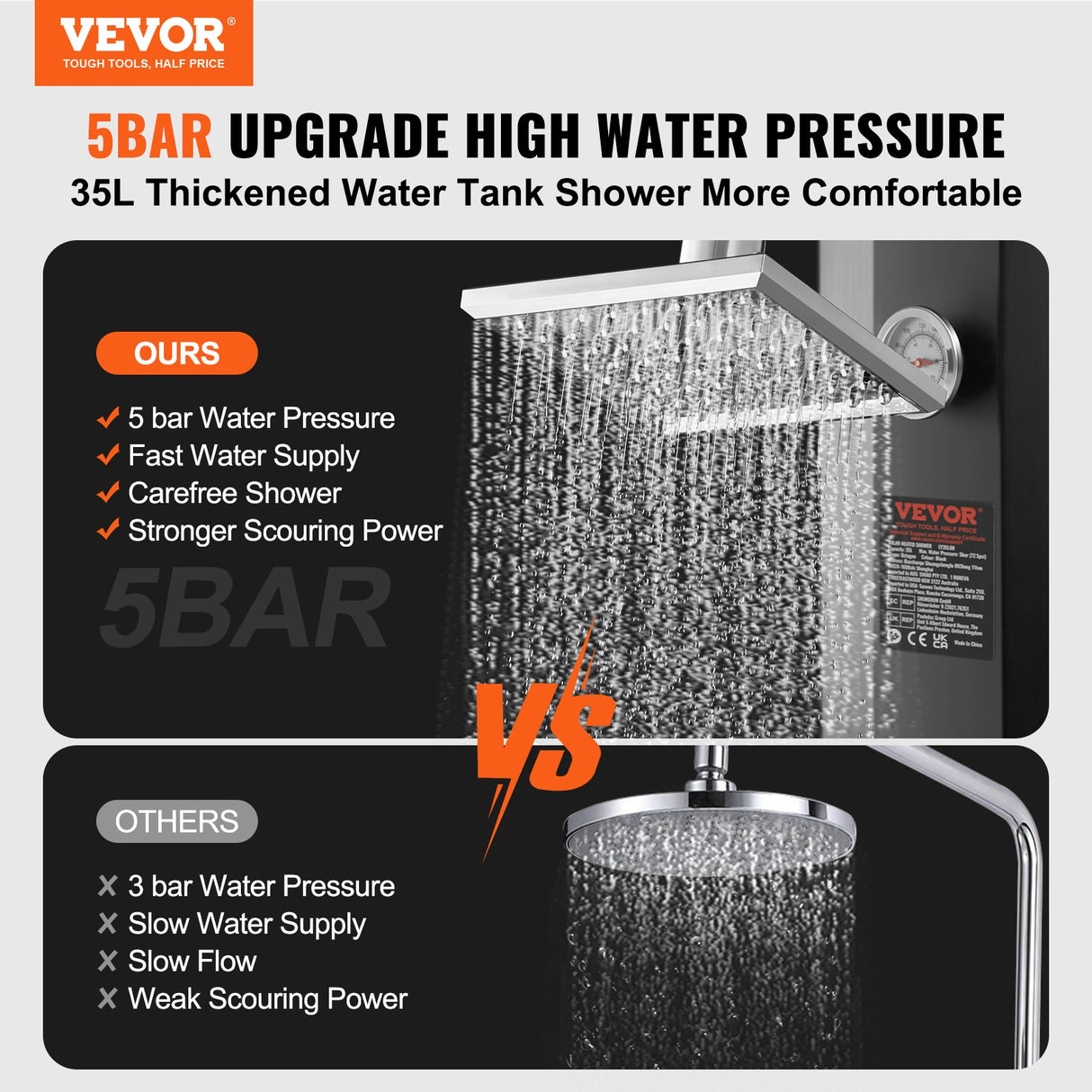 VEVOR Outdoor Solar Heated Shower, 35L Poolside Shower Kit with Shower Head and Foot Shower Tap, Double Buckle Fast Assembly W/ Pre-Drilled Holes for