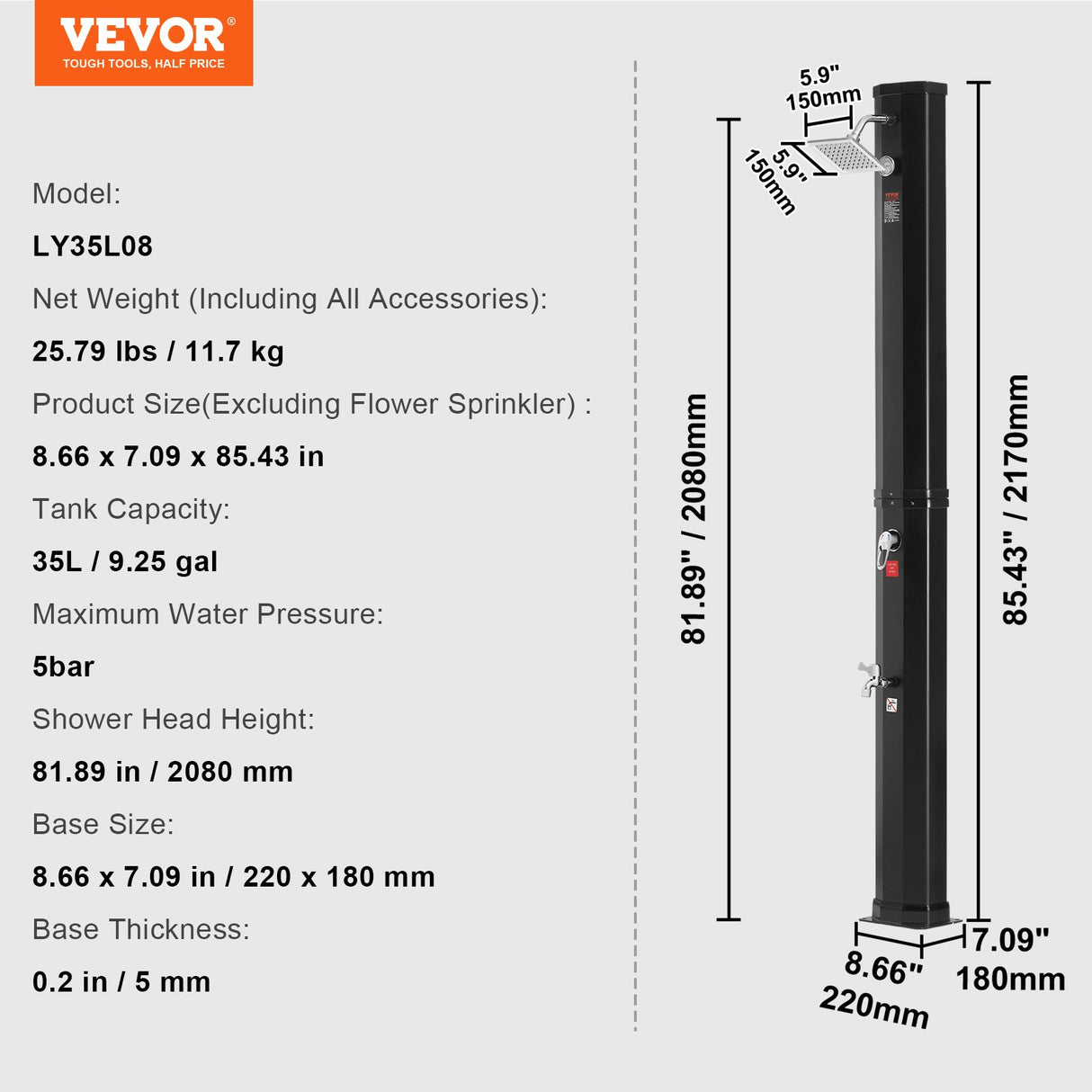 VEVOR Outdoor Solar Heated Shower, 35L Poolside Shower Kit with Shower Head and Foot Shower Tap, Double Buckle Fast Assembly W/ Pre-Drilled Holes for
