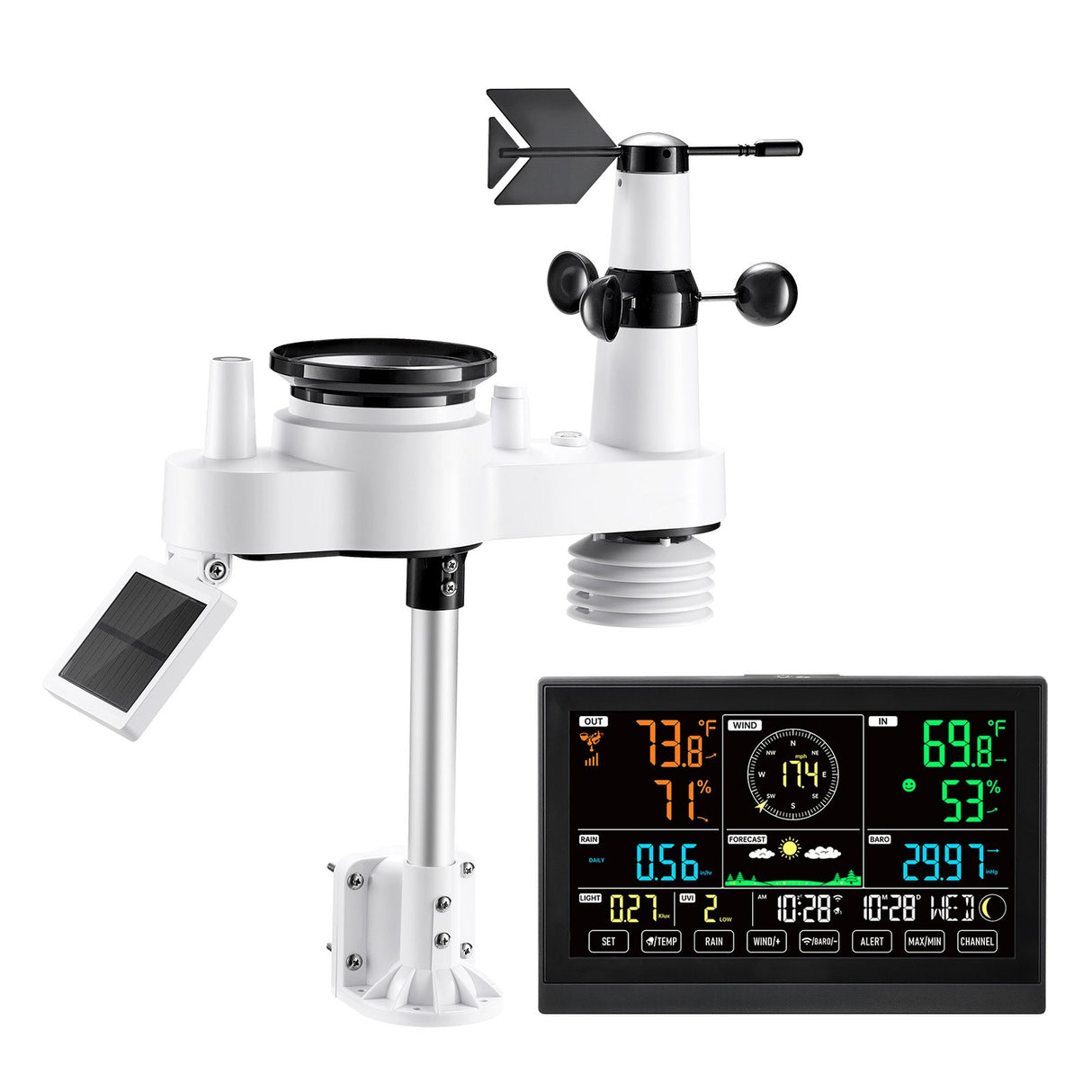 VEVOR 7-in-1 Wi-Fi Weather Station with APP, 190.5 mm VA Display, Wireless Solar Powered Outdoor Sensor, Rain Gauge, Indoor Outdoor for Weather Forecast, Wind Speed, Temperature, Humidity, Rainfall