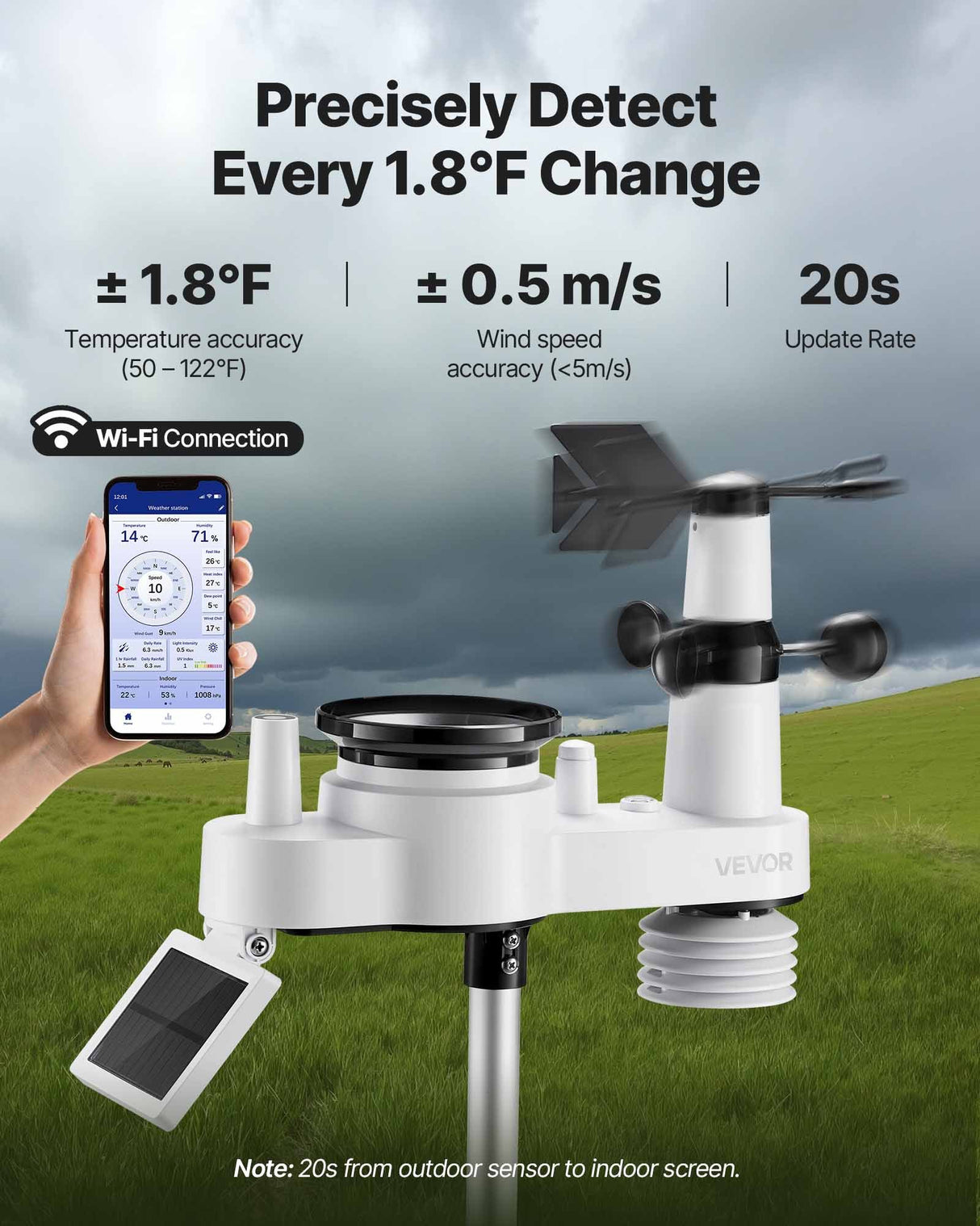 VEVOR 7-in-1 Wi-Fi Weather Station with APP, 190.5 mm VA Display, Wireless Solar Powered Outdoor Sensor, Rain Gauge, Indoor Outdoor for Weather Forecast, Wind Speed, Temperature, Humidity, Rainfall