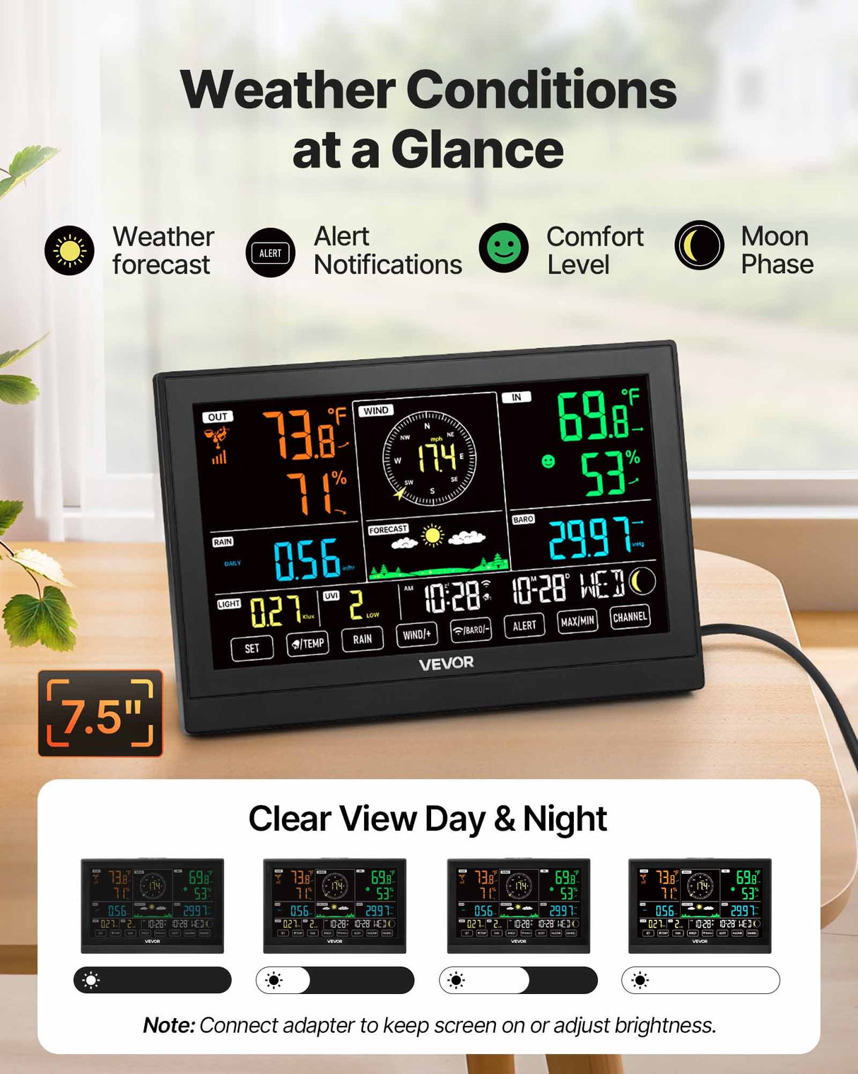 VEVOR 7-in-1 Wi-Fi Weather Station with APP, 190.5 mm VA Display, Wireless Solar Powered Outdoor Sensor, Rain Gauge, Indoor Outdoor for Weather Forecast, Wind Speed, Temperature, Humidity, Rainfall