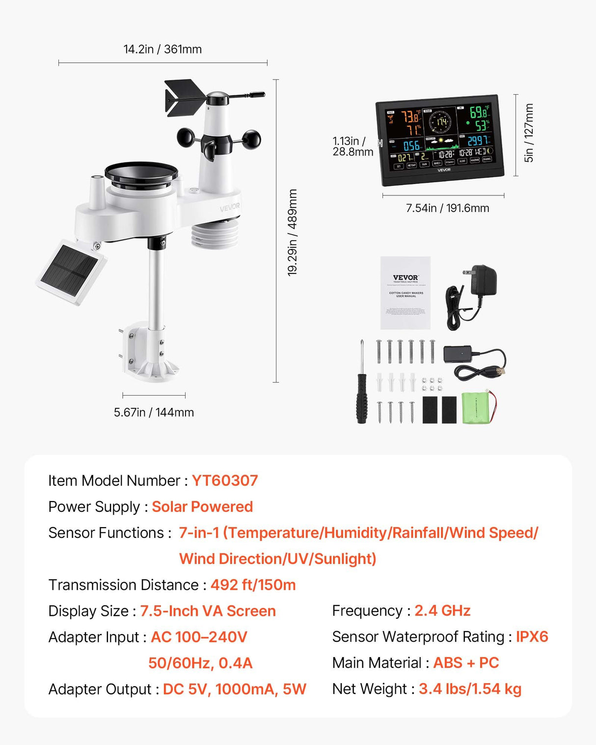 VEVOR 7-in-1 Wi-Fi Weather Station with APP, 190.5 mm VA Display, Wireless Solar Powered Outdoor Sensor, Rain Gauge, Indoor Outdoor for Weather Forecast, Wind Speed, Temperature, Humidity, Rainfall