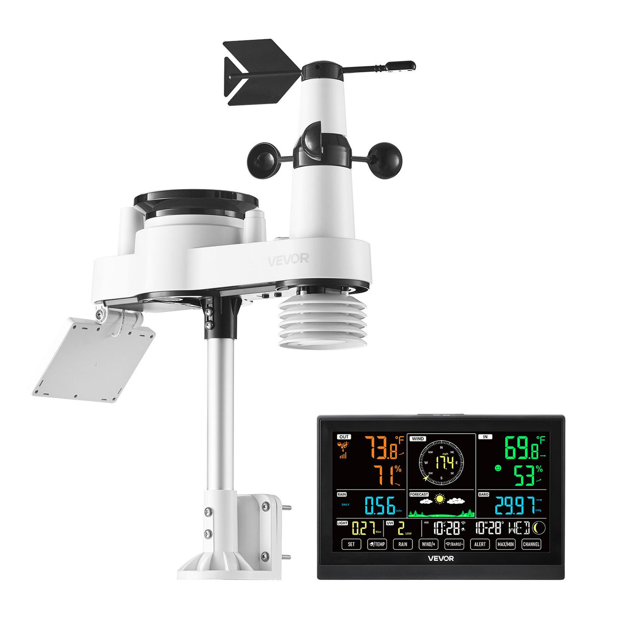 7-in-1 Wi-Fi Weather Station with APP, 190.5 mm VA Display, Wireless Solar Powered Outdoor Sensor, Rain Gauge, Indoor Outdoor for Weather Forecast, Wind Speed, Temperature, Humidity, Rainfall