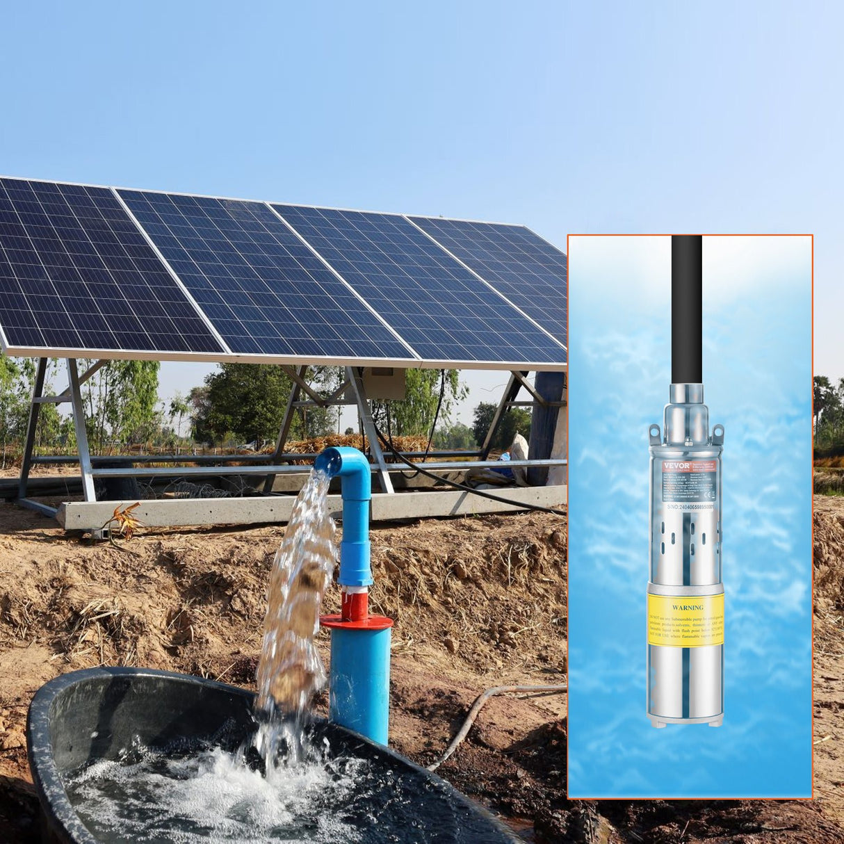 VEVOR Solar Water Pump, DC 277W Submersible Deep Well Pump, Max Flow 2.1 m?/H, Max Head 83 m, Max Submersion Depth 20 m, Solar Powered Water Pump for