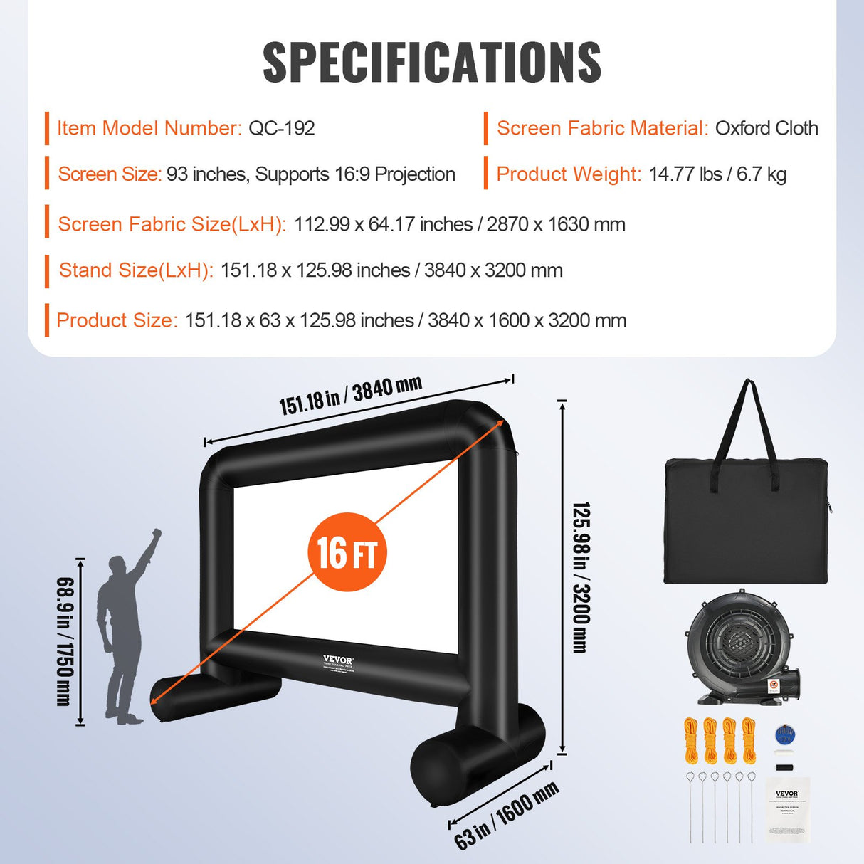 VEVOR Inflatable Movie Screen, 16 FT Inflatable Projector Screen for Outside with Blower and Carrying Bag, Front/Rear Projection, Oxford Fabric Blow