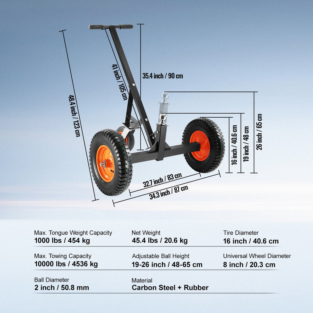 Adjustable Trailer Dolly, 1000lbs Tongue Weight Capacity, Carbon Steel Trailer Mover with 19''-26'' Adjustable Height & 2'' Ball, 16'' Pneumatic Tires & Universal Wheel, for Moving RV Trailer