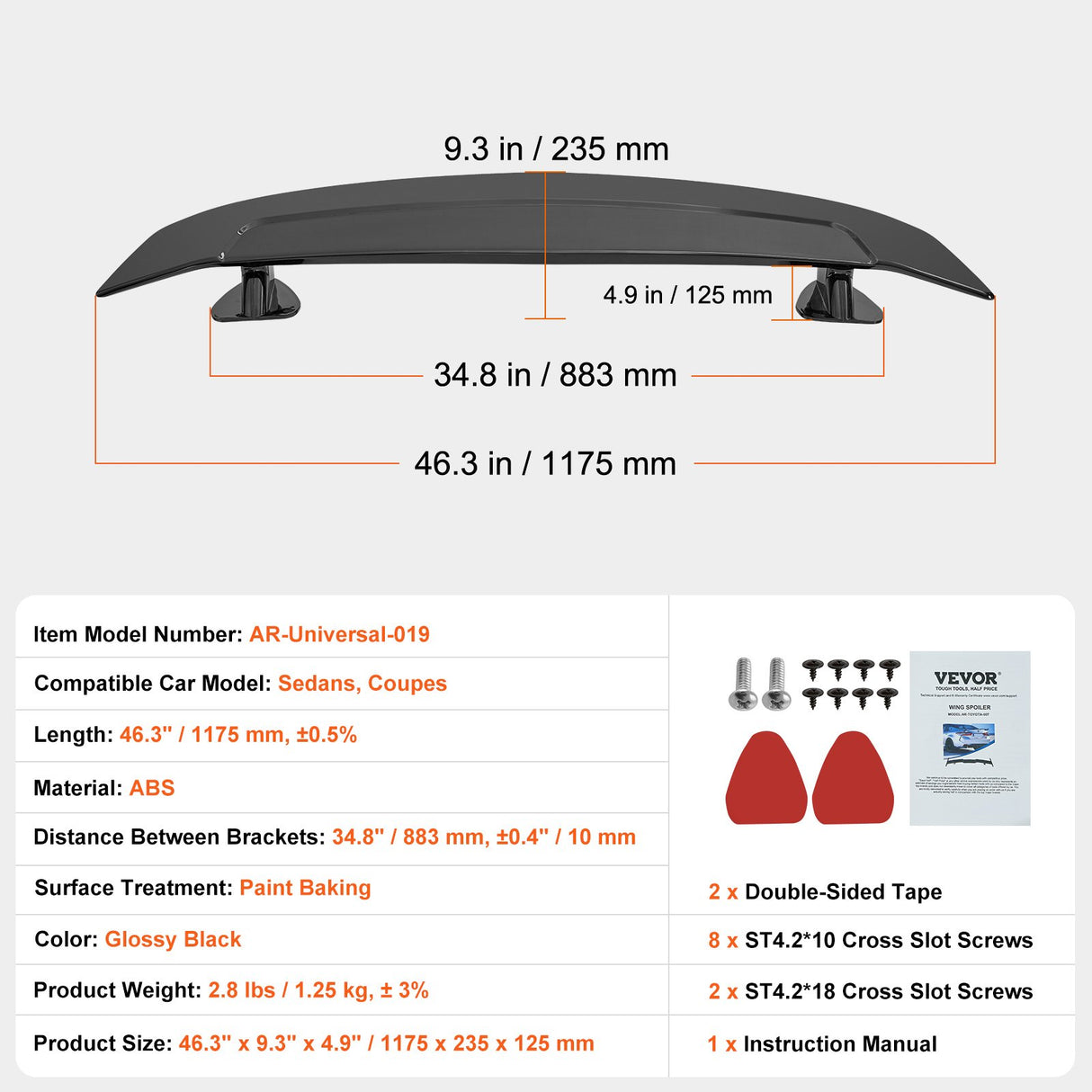VEVOR Universal Rear Spoiler 46.3'' GT Style Trunk Wing for Sedans and Coupes