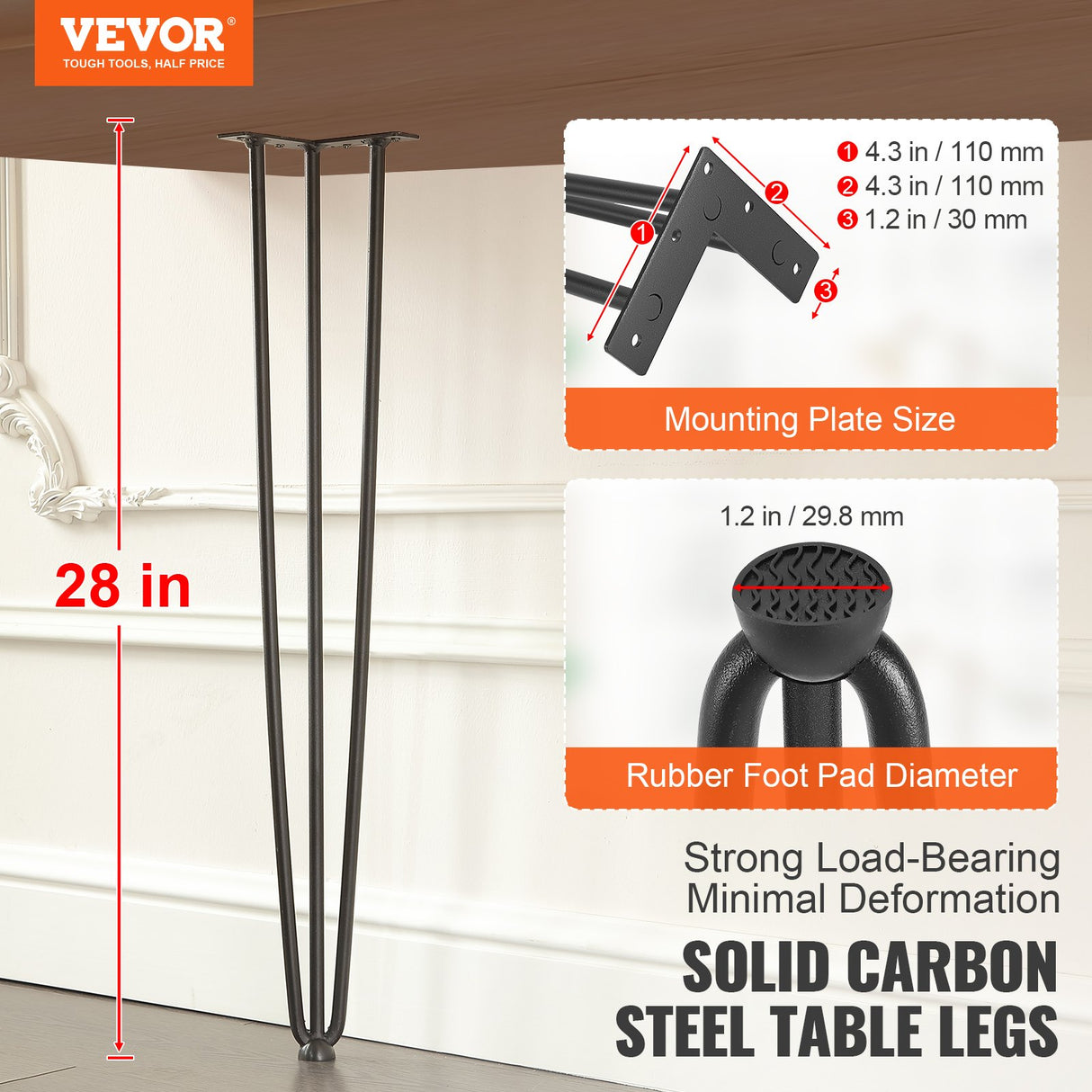 VEVOR Hairpin Table Legs 0.7M, Set of 4 Desk Legs 408.2KG Load Capacity, Hairpin Desk Legs 3 Rods for Desk Chairs Bench Dining End Table, Solid Carbon