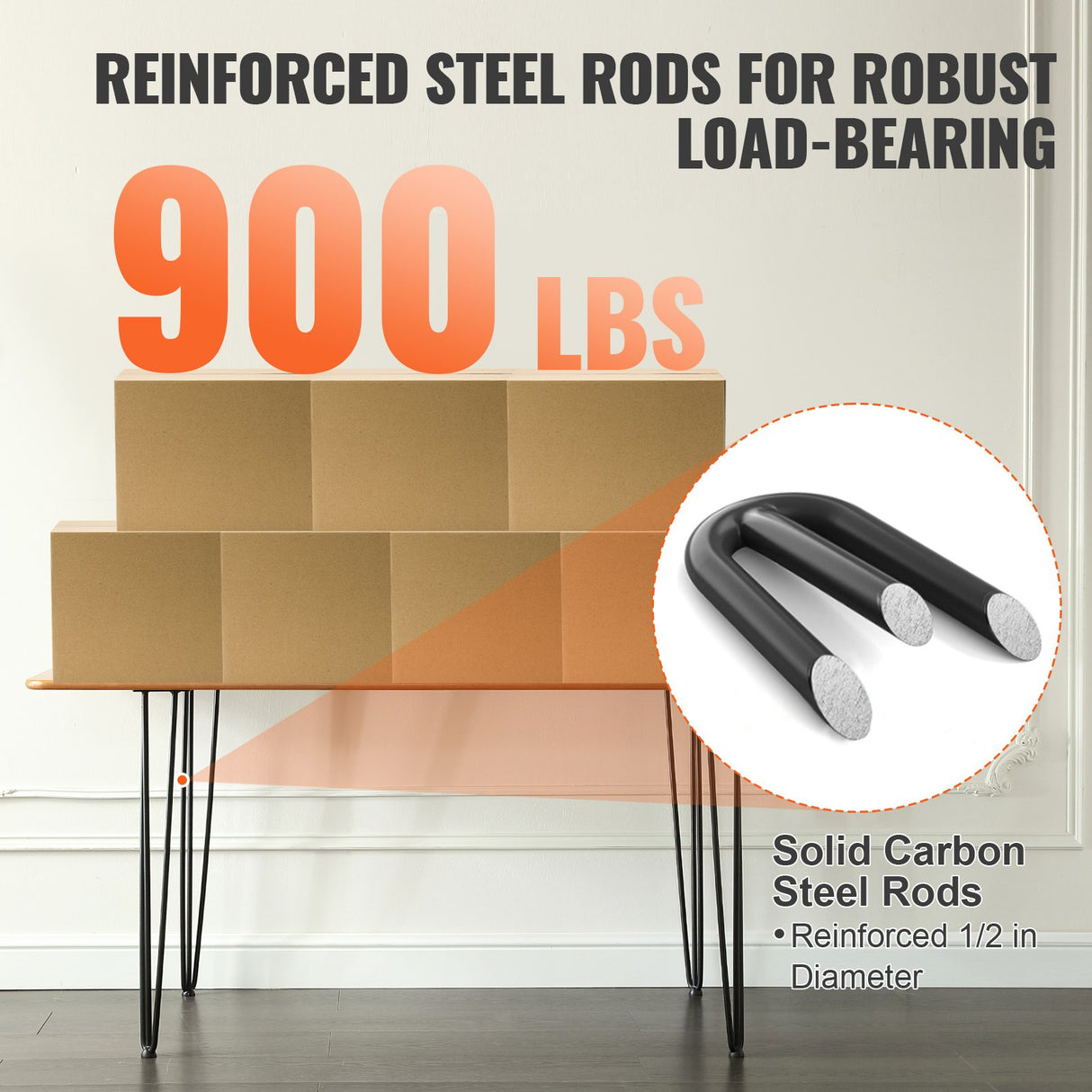 VEVOR Hairpin Table Legs 0.7M, Set of 4 Desk Legs 408.2KG Load Capacity, Hairpin Desk Legs 3 Rods for Desk Chairs Bench Dining End Table, Solid Carbon