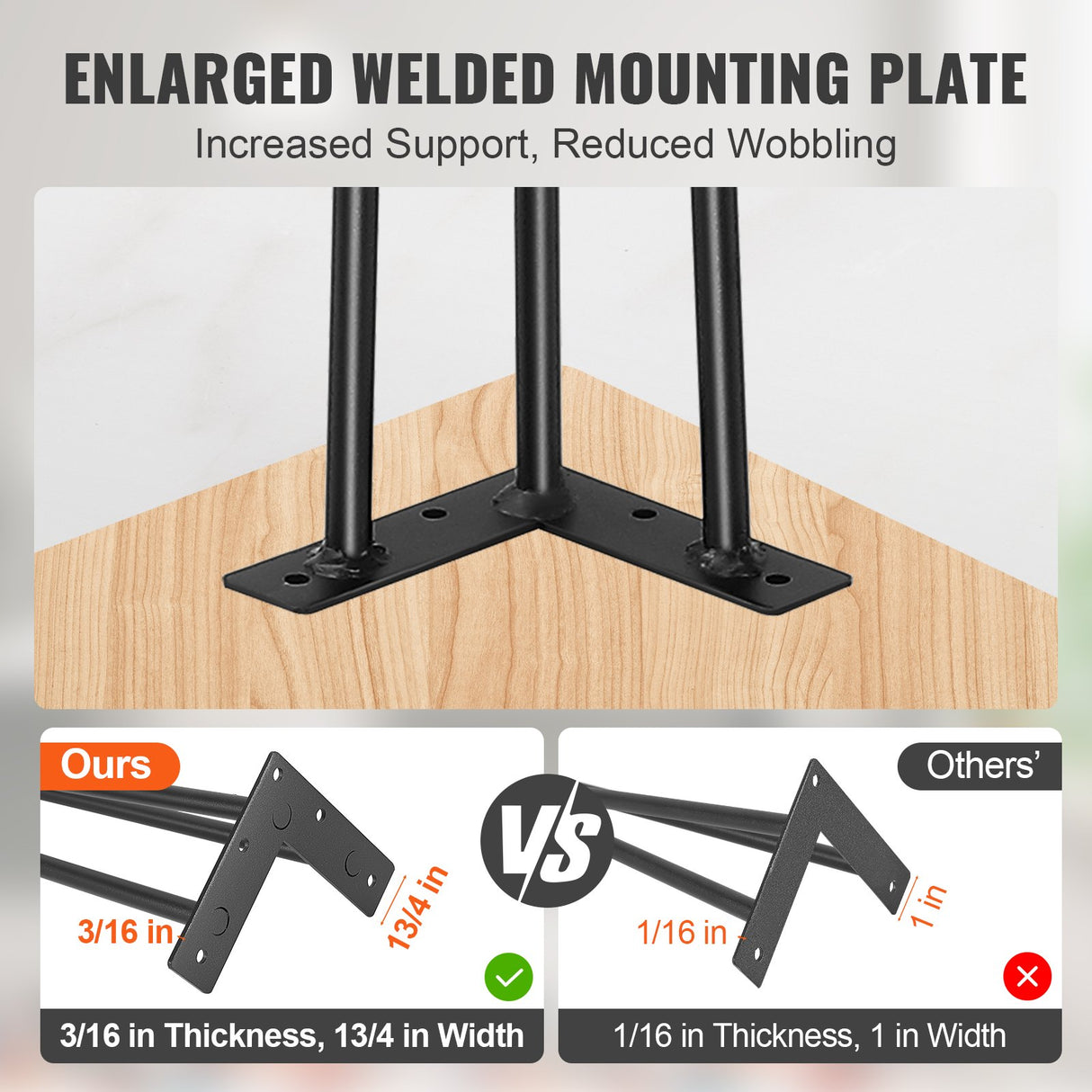 VEVOR Hairpin Table Legs 0.7M, Set of 4 Desk Legs 408.2KG Load Capacity, Hairpin Desk Legs 3 Rods for Desk Chairs Bench Dining End Table, Solid Carbon