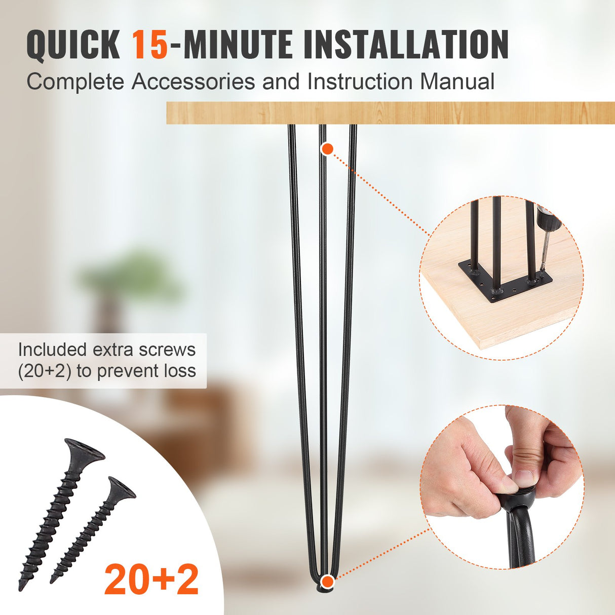 VEVOR Hairpin Table Legs 0.7M, Set of 4 Desk Legs 408.2KG Load Capacity, Hairpin Desk Legs 3 Rods for Desk Chairs Bench Dining End Table, Solid Carbon