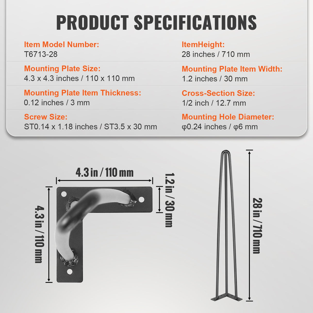 VEVOR Hairpin Table Legs 0.7M, Set of 4 Desk Legs 408.2KG Load Capacity, Hairpin Desk Legs 3 Rods for Desk Chairs Bench Dining End Table, Solid Carbon