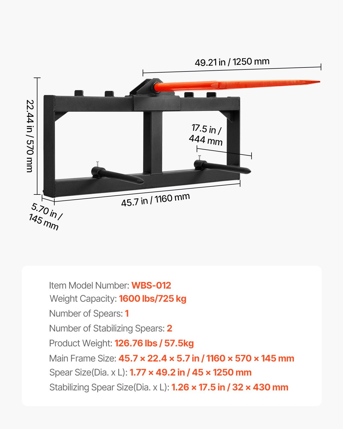 VEVOR 49" Hay Spear, Bale Spears 726kg Loading Capacity, Skid Steer Loader Tractor Attachment with 2pcs 17.5" Stabilizer Spears, Quick Attach Spike