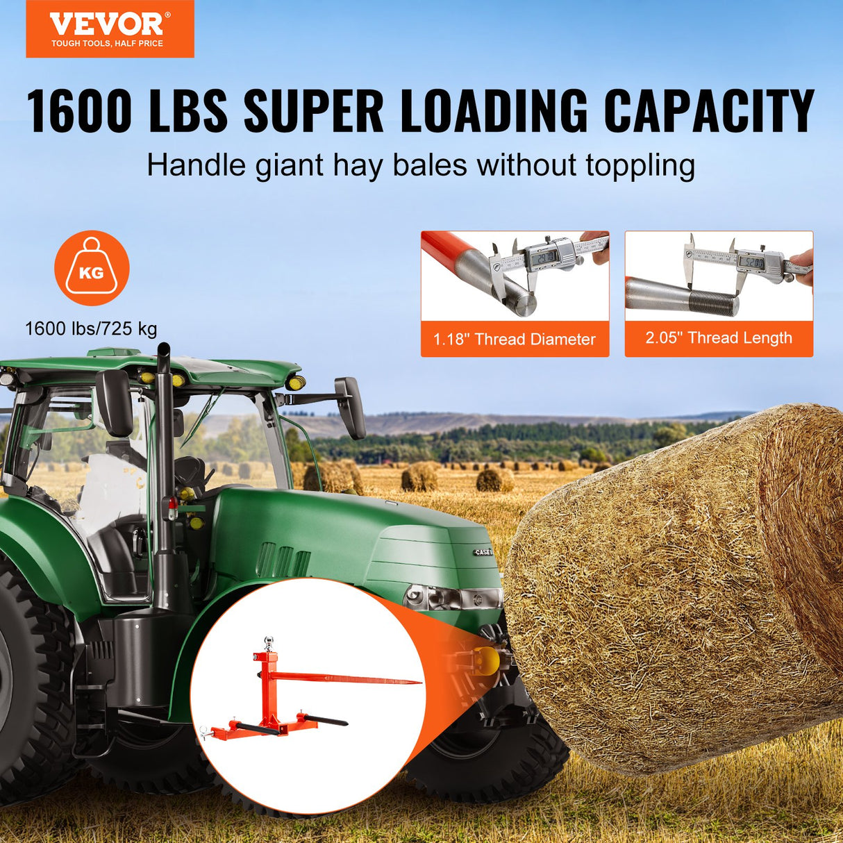 VEVOR 49" Hay Spear, Bale Spears 726kg Loading Capacity, Three-Point Hitch Tractor Attachment with 2pcs 17.5" Stabilizer Spears, Quick Attach Spike