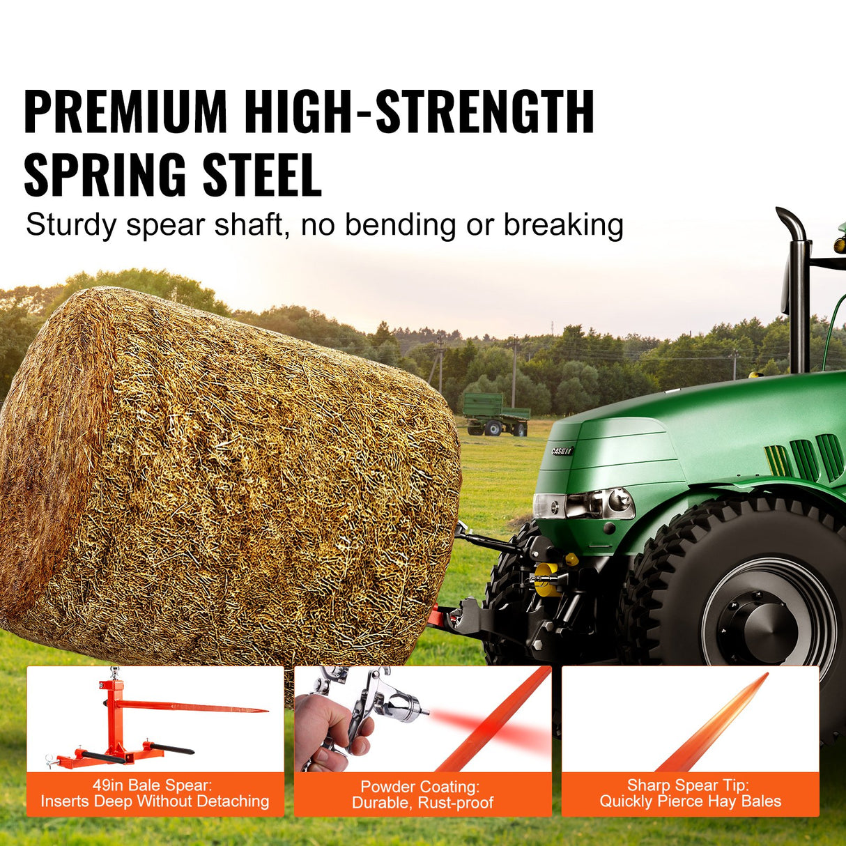 VEVOR 49" Hay Spear, Bale Spears 726kg Loading Capacity, Three-Point Hitch Tractor Attachment with 2pcs 17.5" Stabilizer Spears, Quick Attach Spike