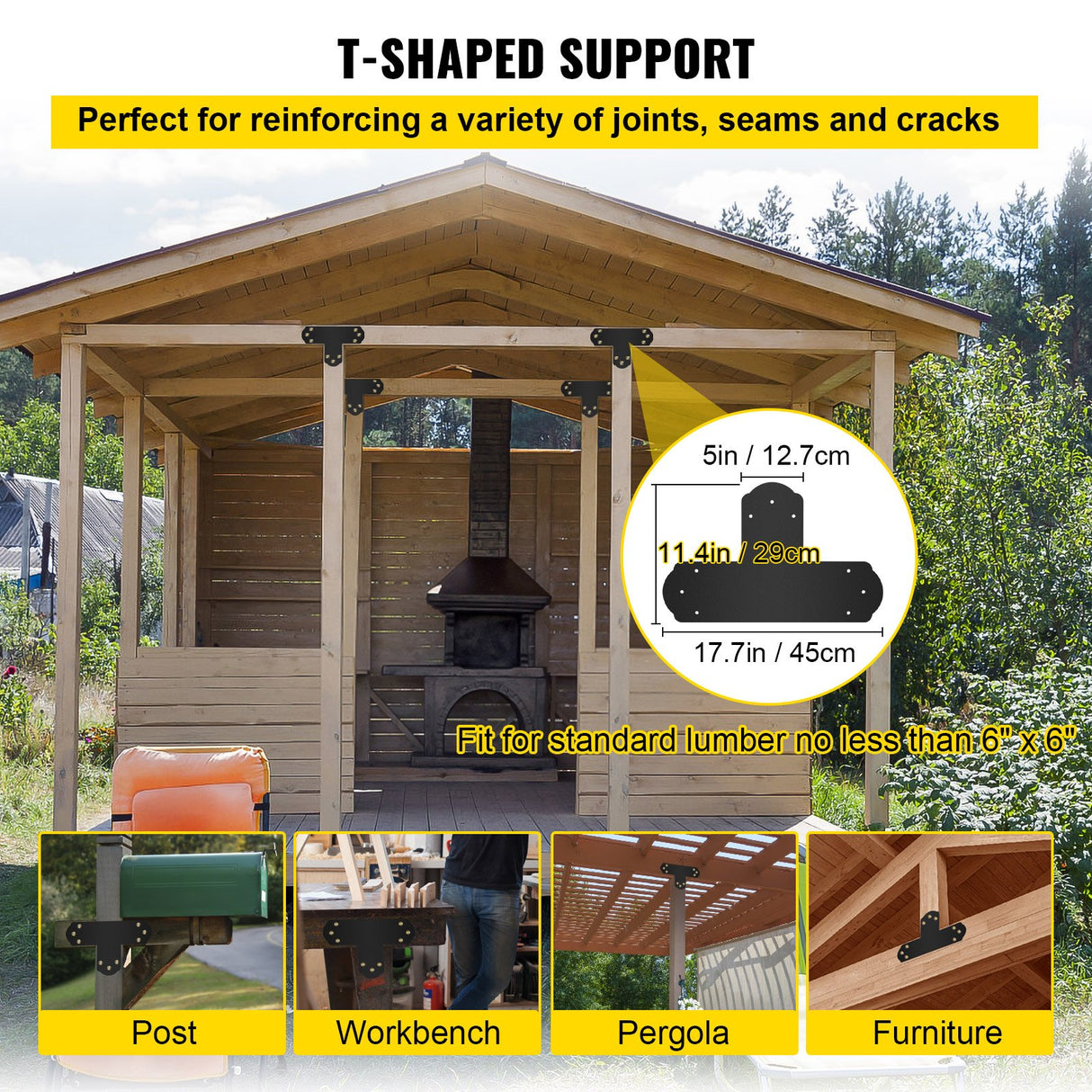 VEVOR Black T Mending Plate T-shape 8 PCs 6" Flat Connector Post to Beam Bracket