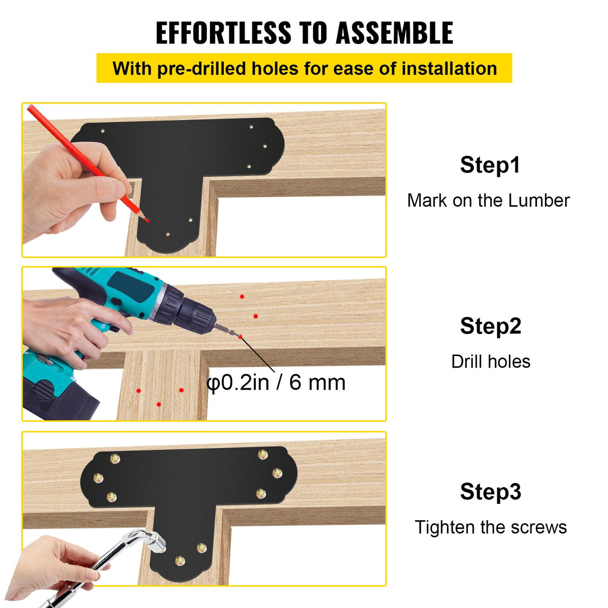 VEVOR Black T Mending Plate T-shape 8 PCs 6" Flat Connector Post to Beam Bracket