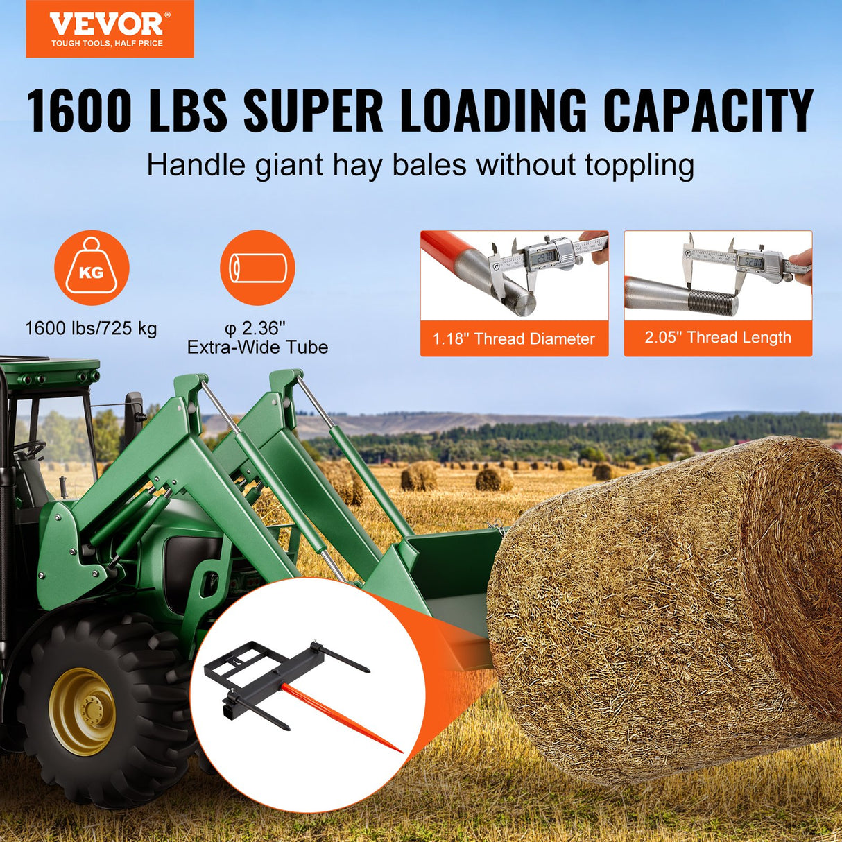 VEVOR 39" Hay Spear, Bale Spears 726kg Loading Capacity, Skid Steer Loader Tractor Bucket Attachment with 2pcs 17.5" Stabilizer Spears and 60" Chain,