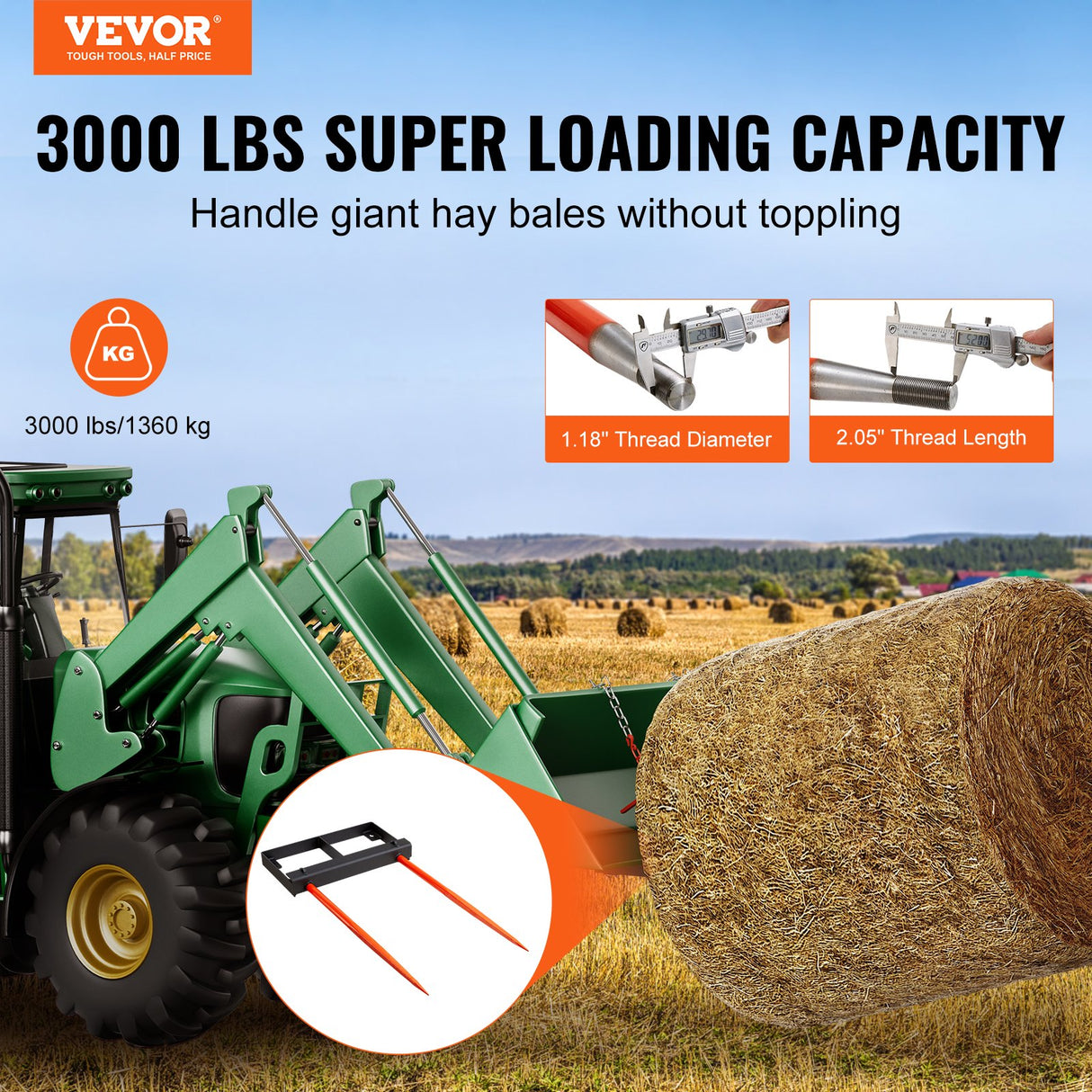 VEVOR 49" Hay Spear, Bale Spears 1360kg Loading Capacity, Skid Steer Loader Tractor Bucket Attachment with 2pcs 17.5" Stabilizer Spears and 60" Chain,