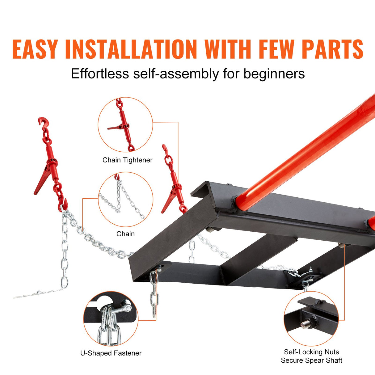 VEVOR 49" Hay Spear, Bale Spears 1360kg Loading Capacity, Skid Steer Loader Tractor Bucket Attachment with 2pcs 17.5" Stabilizer Spears and 60" Chain,