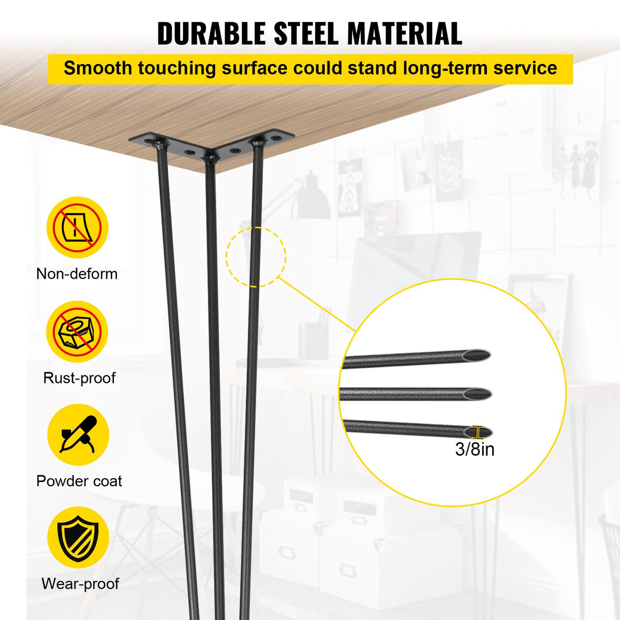 VEVOR Hairpin Table Legs 16 inch, Set of 4 DIY Desk Table Legs 3 Rods Heavy Duty