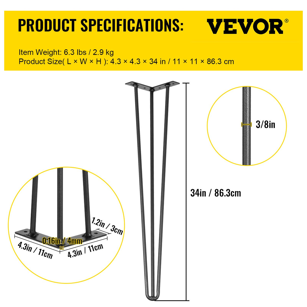 Hairpin Table Legs 34 inch Black Set of 4 Desk Legs Each 220lbs Capacity Hairpin Desk Legs 3 Rods for Bench Desk Dining End Table Chairs Carbon Steel DIY Table Legs Heavy Duty Furniture Legs