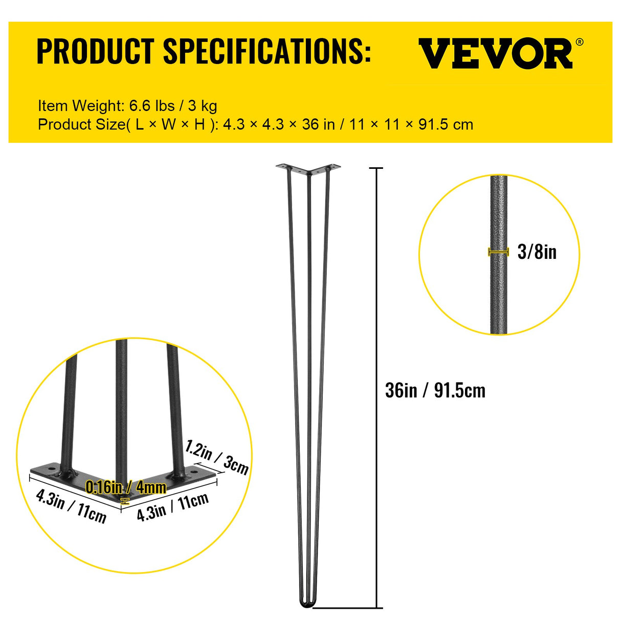 VEVOR Hairpin Table Legs 36 inch, Set of 4 DIY Desk Table Legs 3 Rods Heavy Duty