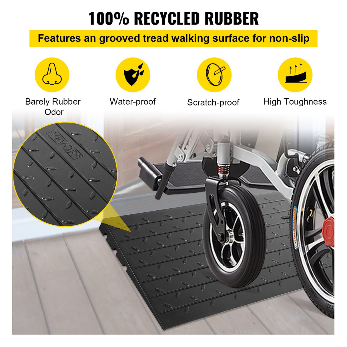 VEVOR Rubber Threshold Ramp, 7.62 cm Rise Threshold Ramp Doorway, 3 Channels Cord Cover Rubber Solid Threshold Ramp, Rubber Angled Entry Rated 997.9 kg Load Capacity for Wheelchair and Scooter