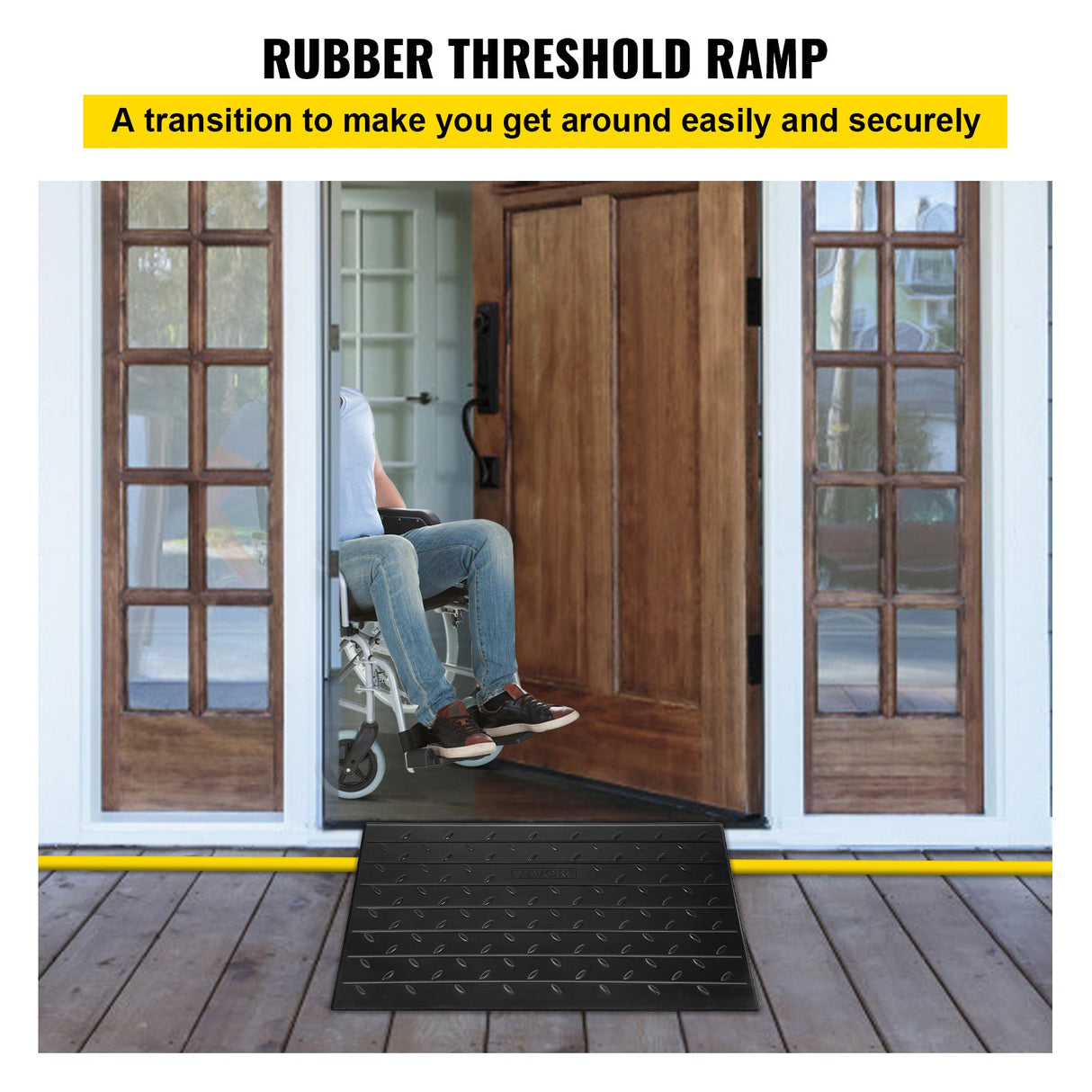 VEVOR Rubber Threshold Ramp, 4" Rise Threshold Ramp Doorway, 3 Channels Cord Cover Rubber Solid Threshold Ramp, Rubber Angled Entry Rated 2200 Lbs Load Capacity for Wheelchair and Scooter
