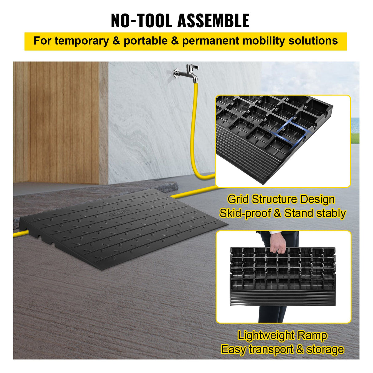VEVOR Rubber Threshold Ramp, 4" Rise Threshold Ramp Doorway, 3 Channels Cord Cover Rubber Solid Threshold Ramp, Rubber Angled Entry Rated 2200 Lbs Load Capacity for Wheelchair and Scooter
