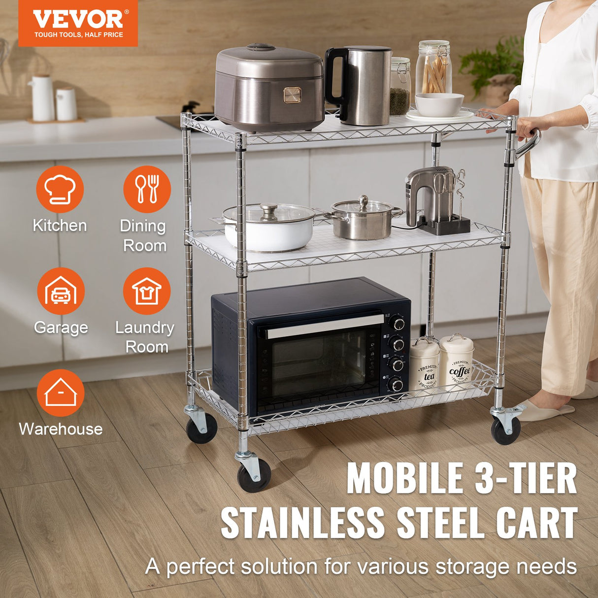 VEVOR Kitchen Utility Cart 3 Tiers Wire Rolling Cart Steel Service Cart on Wheels Metal Storage Trolley with 80mm Basket Curved Handle PP Liner 6 Hooks for Indoor and Outdoor