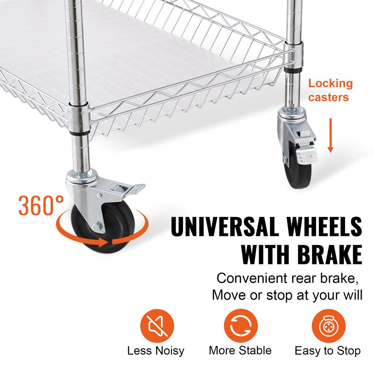 VEVOR Kitchen Utility Cart 3 Tiers Wire Rolling Cart Steel Service Cart on Wheels Metal Storage Trolley with 80mm Basket Curved Handle PP Liner 6 Hooks for Indoor and Outdoor