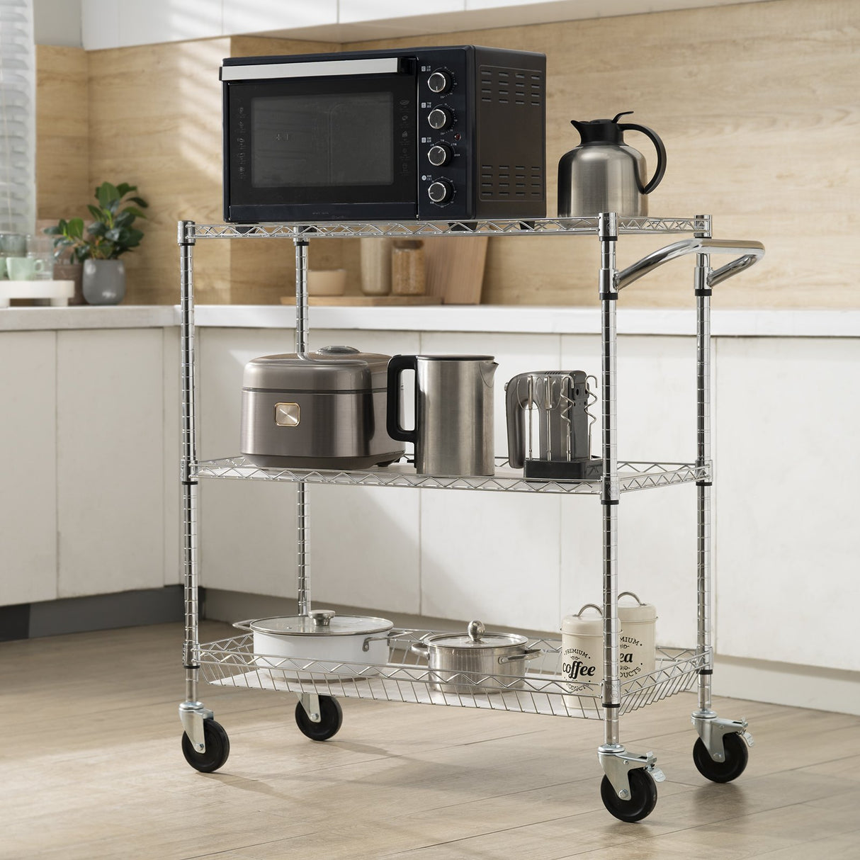 VEVOR Kitchen Utility Cart 3 Tiers Wire Rolling Cart Steel Service Cart on Wheels Metal Storage Trolley with 80mm Basket Curved Handle PP Liner 6 Hooks for Indoor and Outdoor