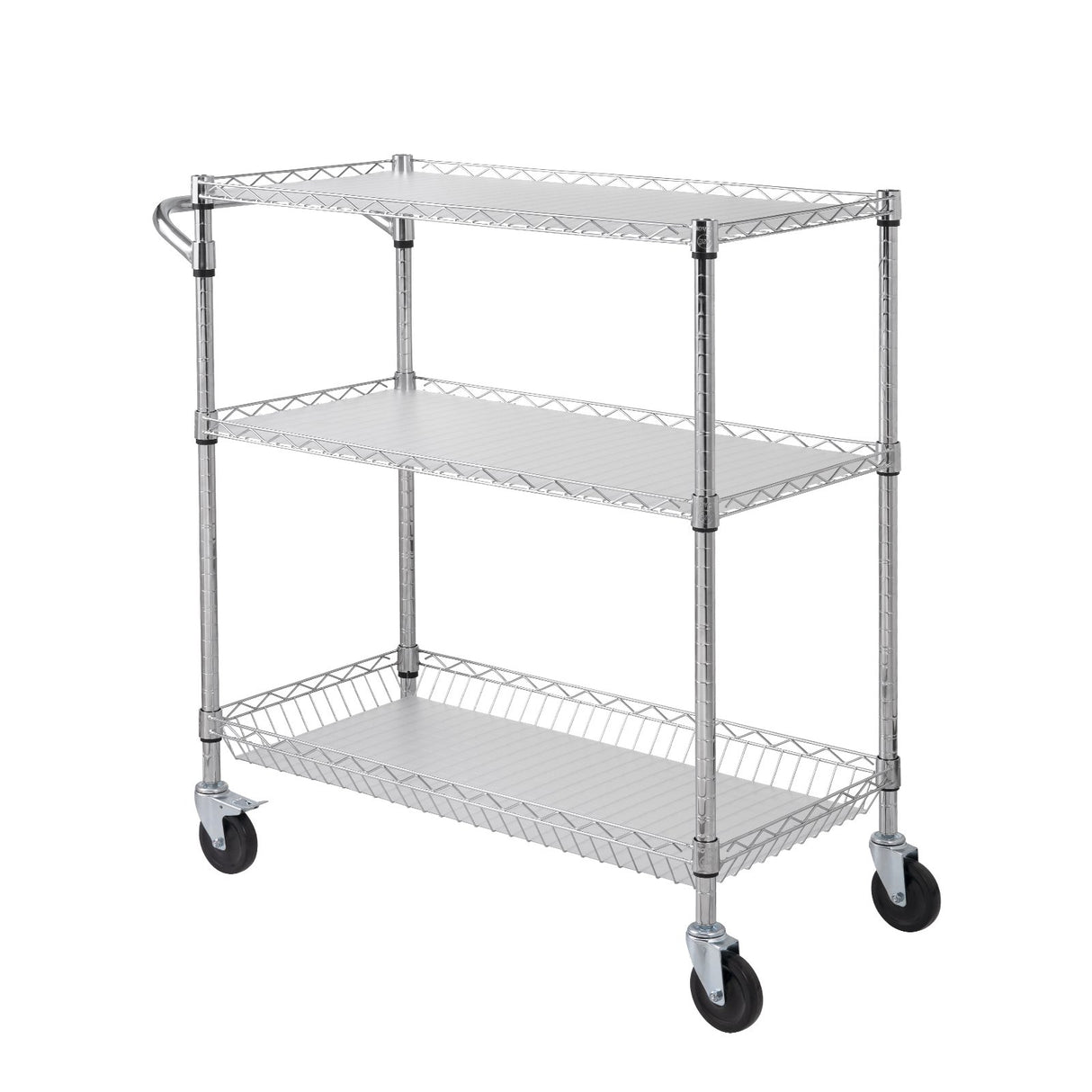 VEVOR Kitchen Utility Cart 3 Tiers Wire Rolling Cart Steel Service Cart on Wheels Metal Storage Trolley with 80mm Basket Curved Handle PP Liner 6 Hooks for Indoor and Outdoor