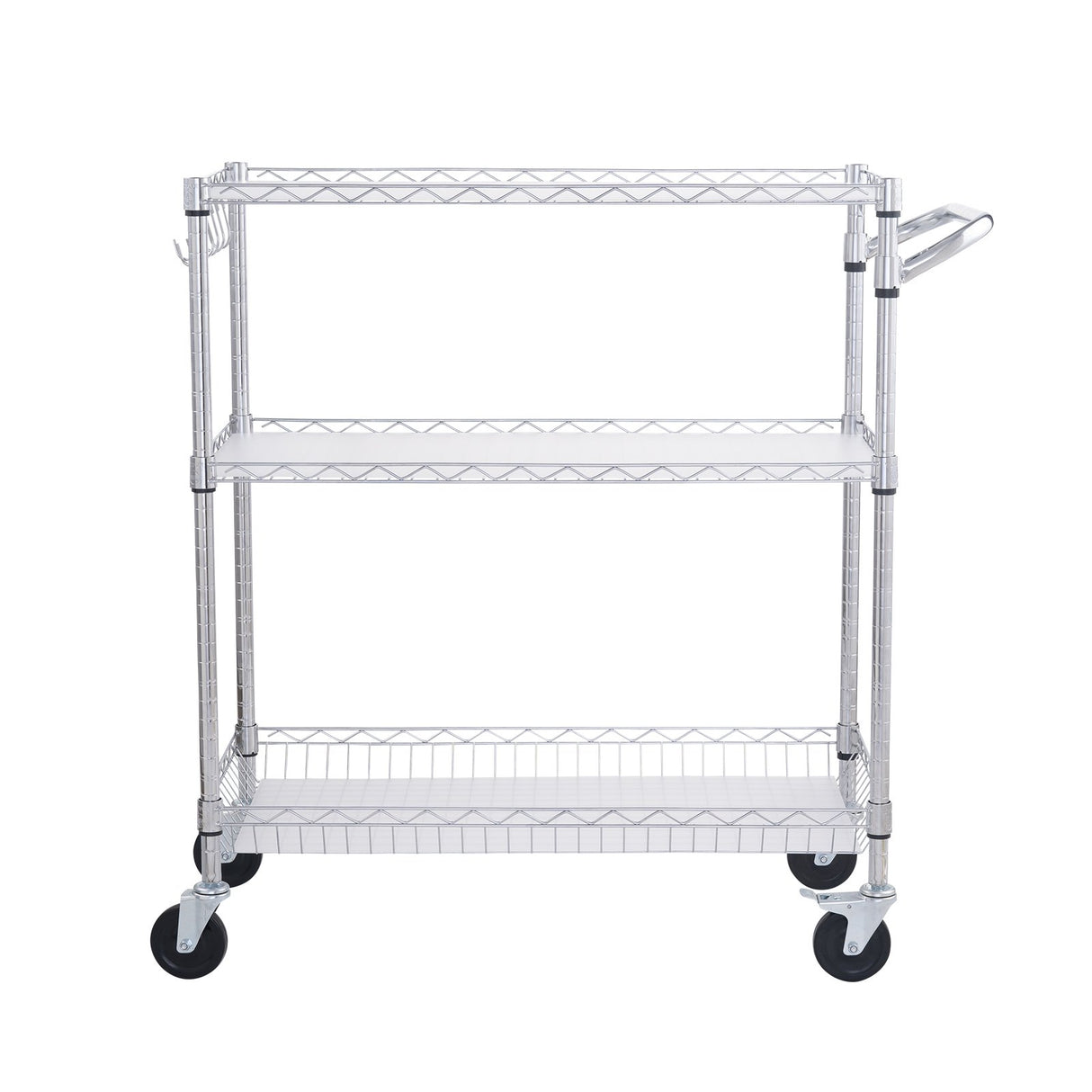 VEVOR Kitchen Utility Cart 3 Tiers Wire Rolling Cart Steel Service Cart on Wheels Metal Storage Trolley with 80mm Basket Curved Handle PP Liner 6 Hooks for Indoor and Outdoor
