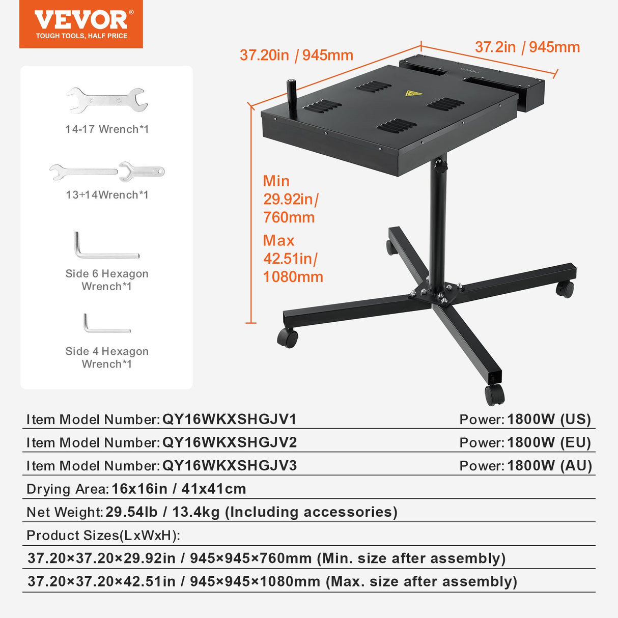 VEVOR Flash Dryer, 16 x 16 inch Flash Dryer for Screen Printing, 0-750??Temperature Control, High Power Silk Screen Printing Dryer with Height Adjustable Stand, 360? Rotation, T-Shirt Curing Machine