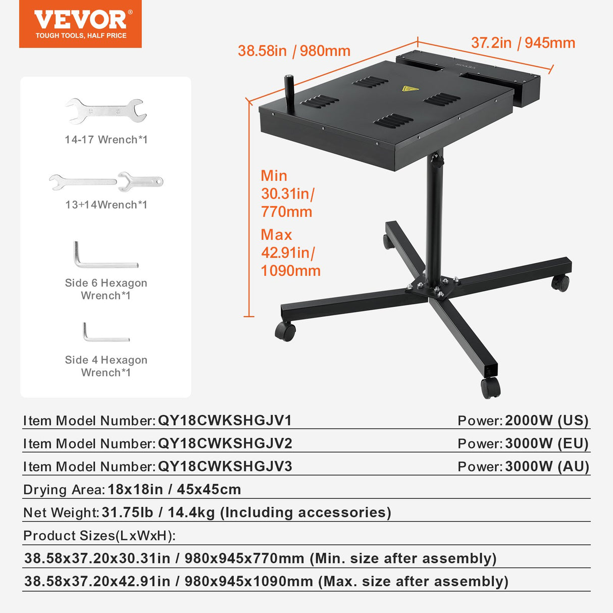 VEVOR Flash Dryer, 18 x 18 inch Flash Dryer for Screen Printing, 0-750??Temperature Control, High Power Silk Screen Printing Dryer with Height Adjustable Stand, 360? Rotation, T-Shirt Curing Machine