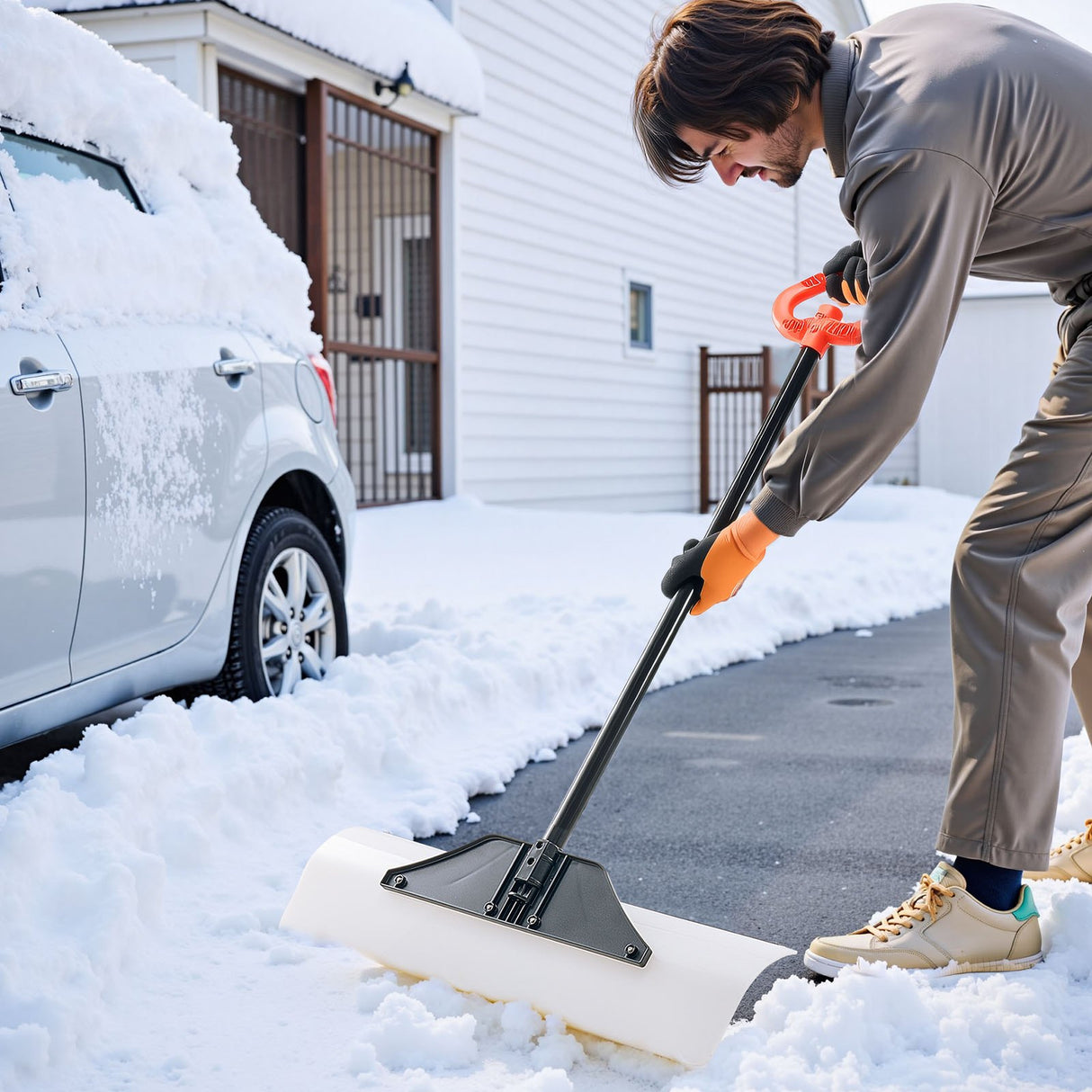 Snow Pusher Shovel, 76.2 cm Outdoor Snowplow Shovel with Ergonomic Grip, HDPE Plastic Blade, Winter Shovels with Segmented Handle, Metal Edged Strip, Portable Snow Removal Tool for Driveway