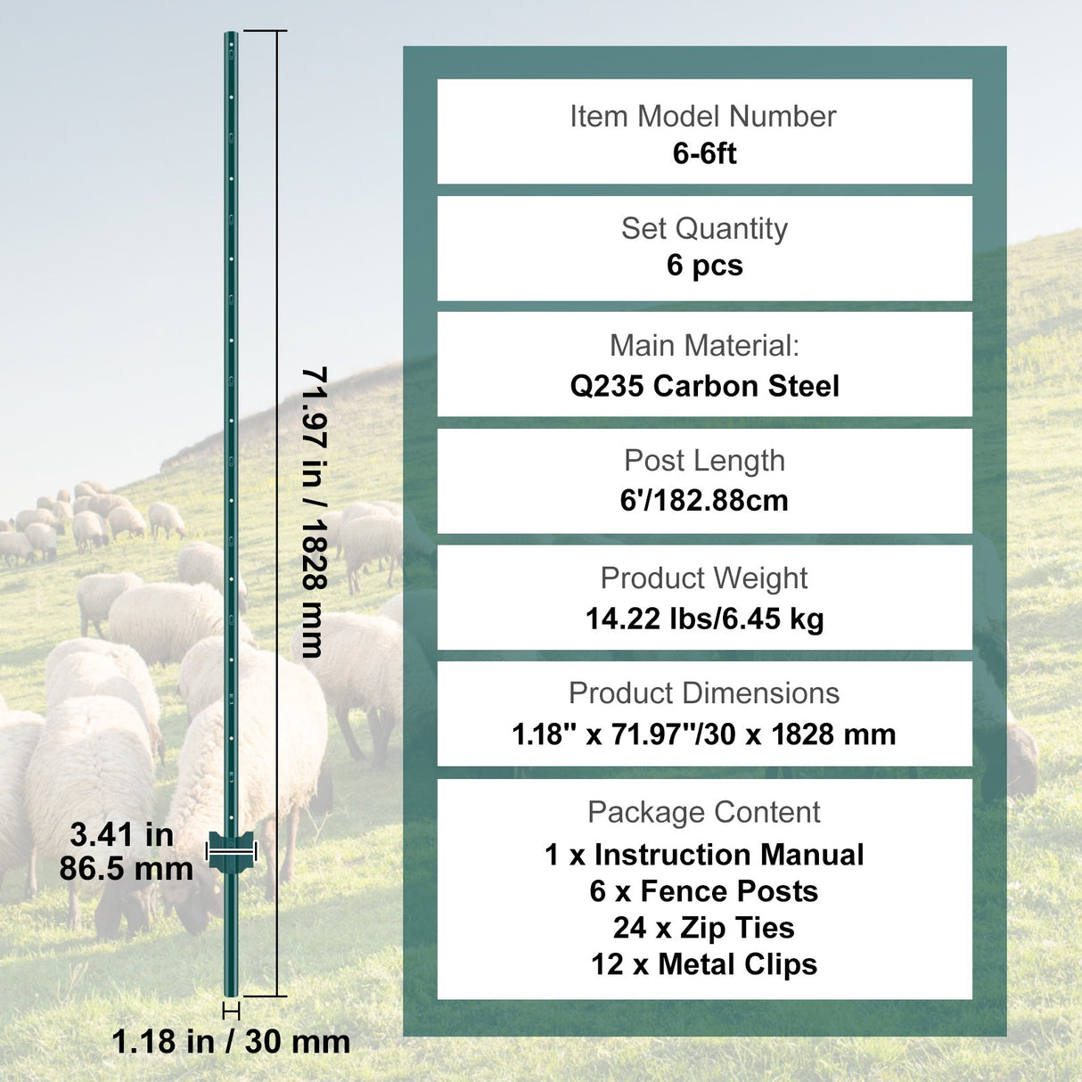 VEVOR 6 Feet Fence Post 6 Pack T-Post Heavy Duty Metal Fence Posts Green