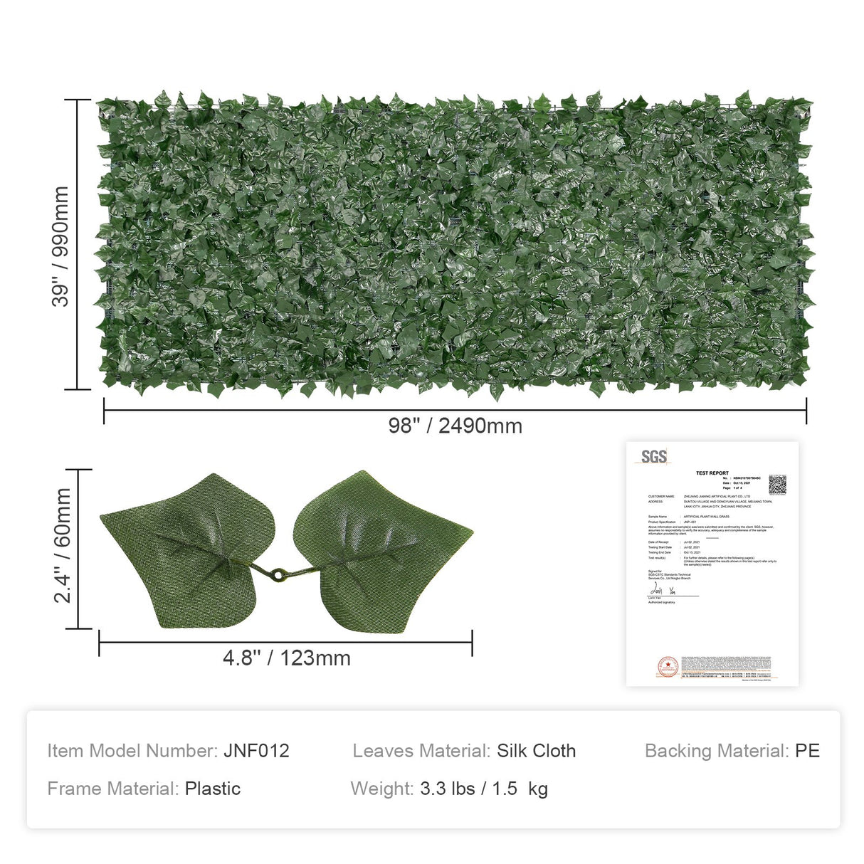 Ivy Privacy Fence, 990 x 2490 mm Artificial Green Wall Screen, Greenery Ivy Fence with Mesh Cloth Backing and Strengthened Joint, Faux Hedges Vine Leaf Decoration for Outdoor Garden, Yard