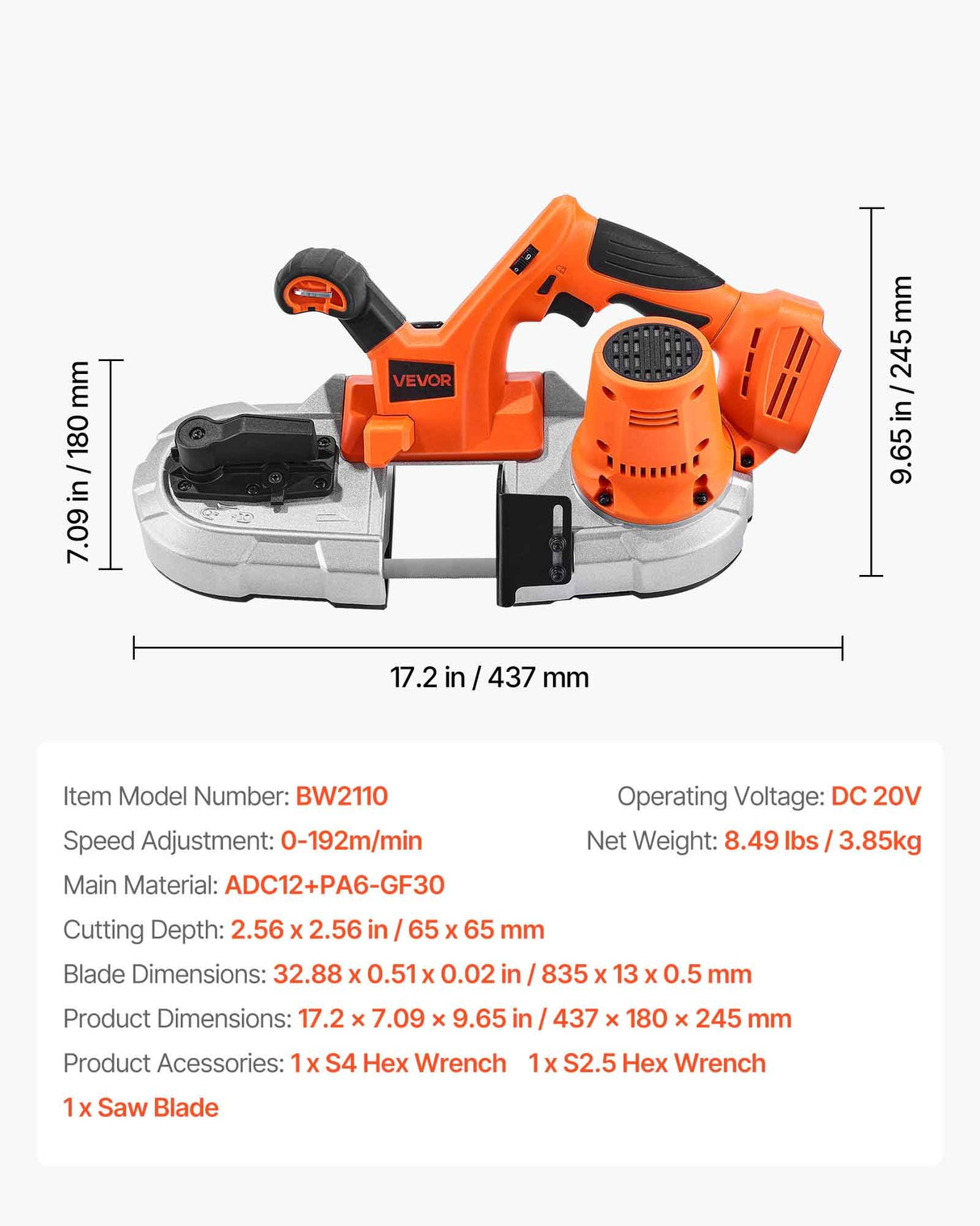 VEVOR Portable Cordless Band Saw 2.56 in Deep Cut Variable Speed (Bare Tool)