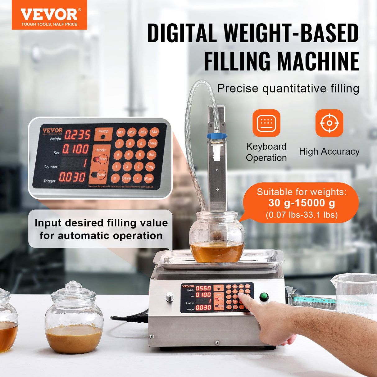VEVOR Liquid Filling Machine, 30-15000 g Weighing Capacity, Automatic Bottle Filler Machine Bottling Machine Digital Control for Milk, Water, Oil, Wine, Beverage, Detergent, Shampoo (Single Nozzle)
