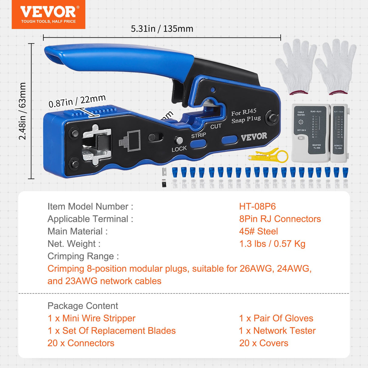 VEVOR RJ45 Crimp Tool Kit, Cat5e/Cat6/Cat6a Ethernet Crimper Crimp Pliers for 8-Pin Modular Plugs with 20pcs Pass-Through Connectors and Covers, Wire