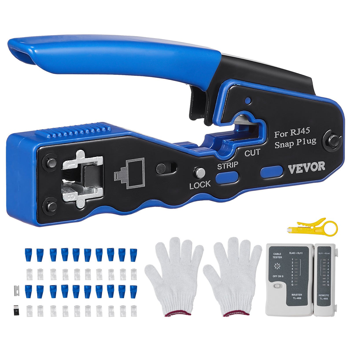 VEVOR RJ45 Crimp Tool Kit, Cat5e/Cat6/Cat6a Ethernet Crimper Crimp Pliers for 8-Pin Modular Plugs with 20pcs Pass-Through Connectors and Covers, Wire