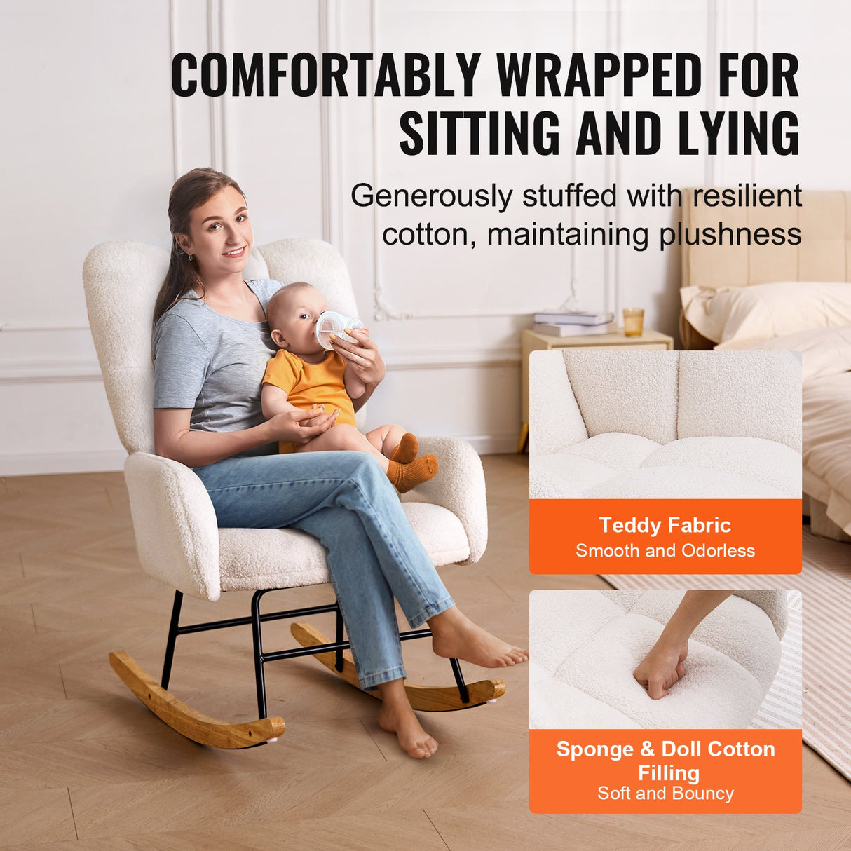 VEVOR Nursery Rocking Chair, 250 lbs Weight Capacity Teddy Fabric Upholstered Glider Rocker Chair with Soft Seat and High Backrest, Nursing Chair for