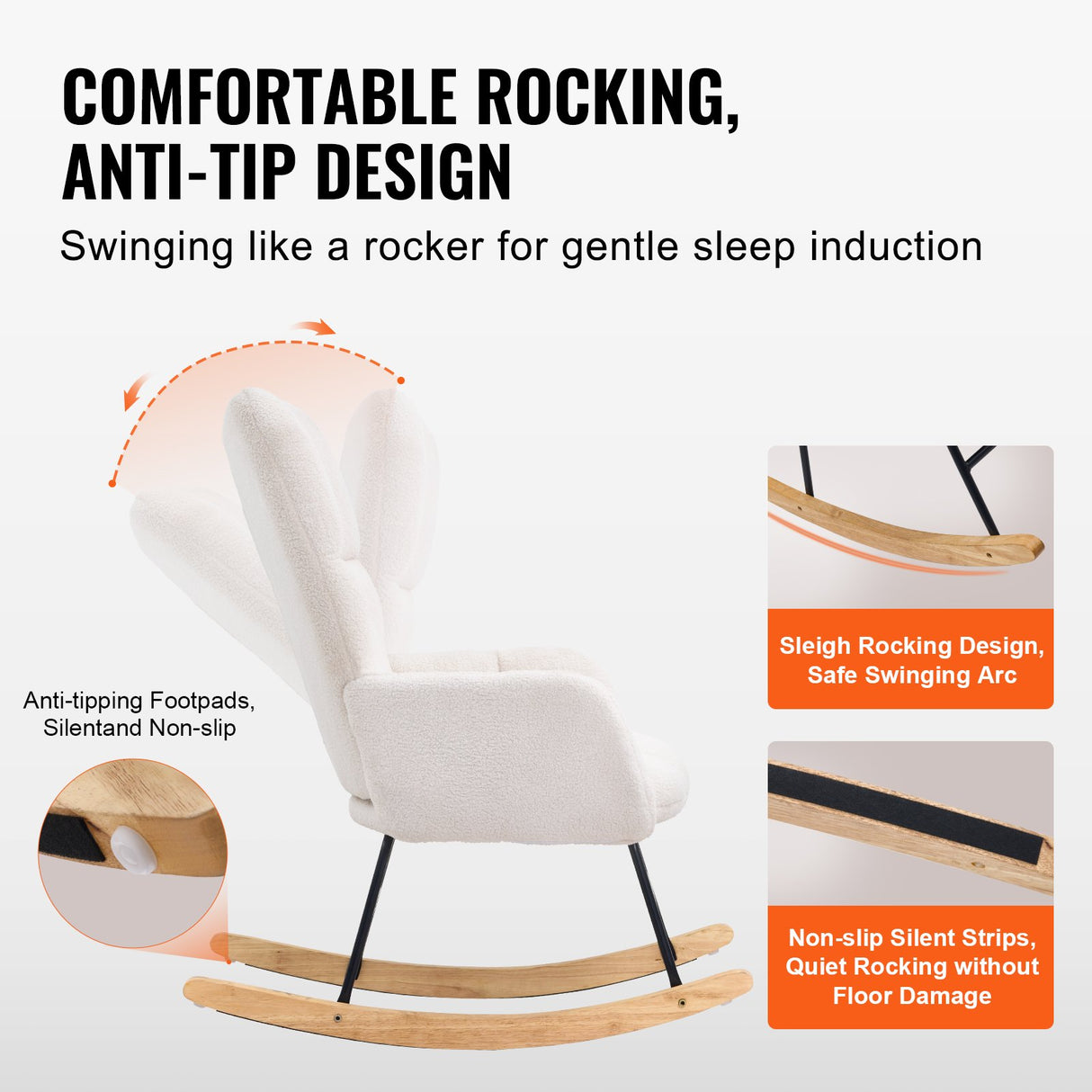 VEVOR Nursery Rocking Chair, 250 lbs Weight Capacity Teddy Fabric Upholstered Glider Rocker Chair with Soft Seat and High Backrest, Nursing Chair for