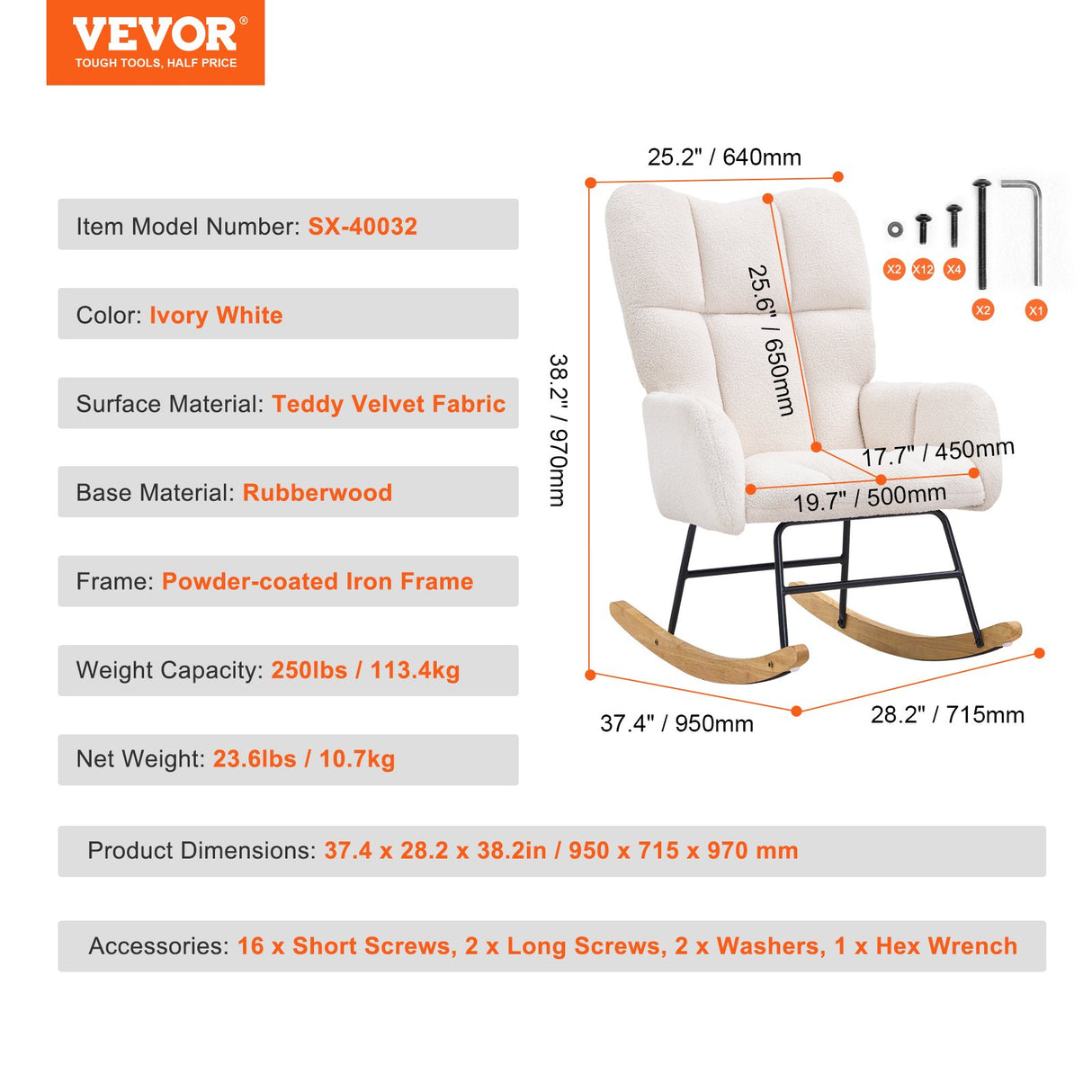 VEVOR Nursery Rocking Chair, 250 lbs Weight Capacity Teddy Fabric Upholstered Glider Rocker Chair with Soft Seat and High Backrest, Nursing Chair for